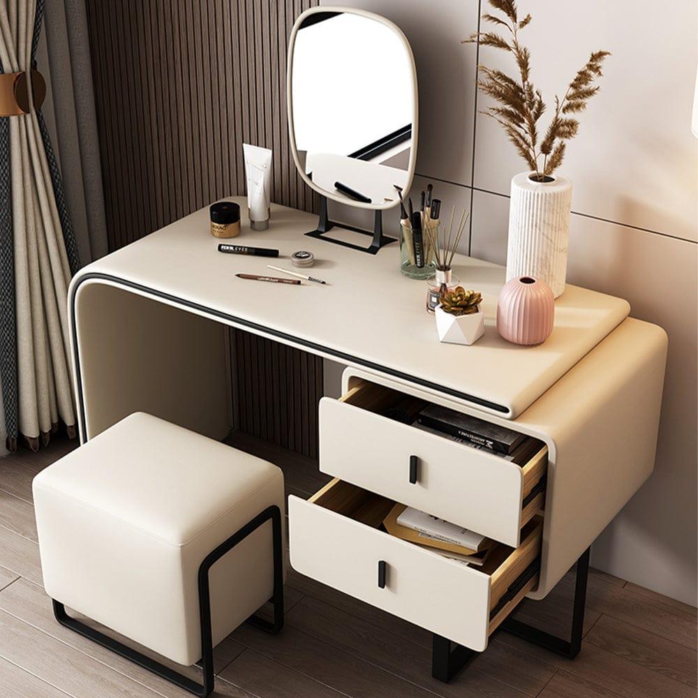 Shop Modern Extendable Makeup Vanity Table with PU Leather, 2 Solid Wood Drawers, Side Cabinet, HD Mirror & Upholstered Stool Included, Mademoiselle Home Decor