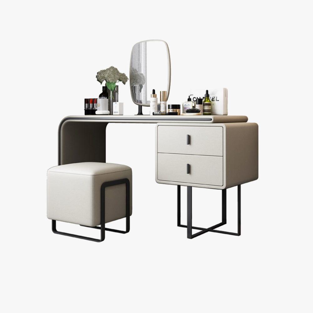 Shop Modern Extendable Makeup Vanity Table with PU Leather, 2 Solid Wood Drawers, Side Cabinet, HD Mirror & Upholstered Stool Included, Mademoiselle Home Decor