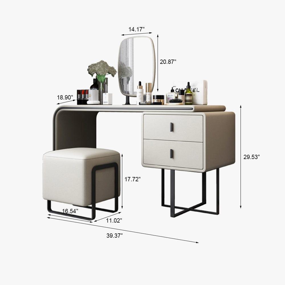 Shop Modern Extendable Makeup Vanity Table with PU Leather, 2 Solid Wood Drawers, Side Cabinet, HD Mirror & Upholstered Stool Included, Mademoiselle Home Decor