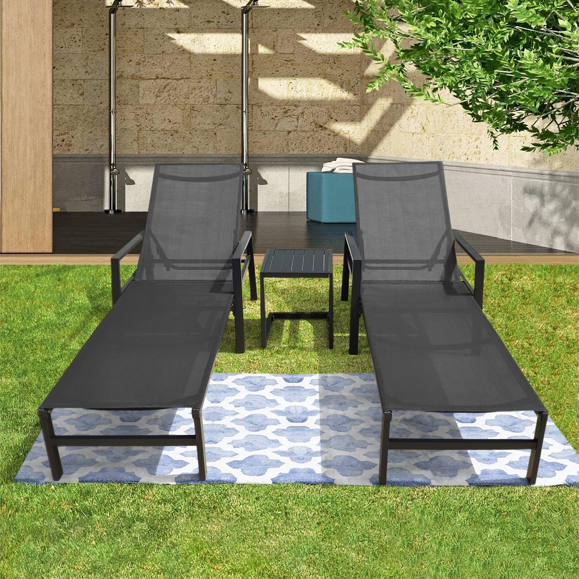 Shop Outdoor 3-Pcs Set Chaise Lounge Chairs With Table,Five-Position Adjustable Aluminum Recliners Set,All Weather For Patio,Beach,Yard, Pool(Grey Frame/Dark Gray Fabric) Mademoiselle Home Decor