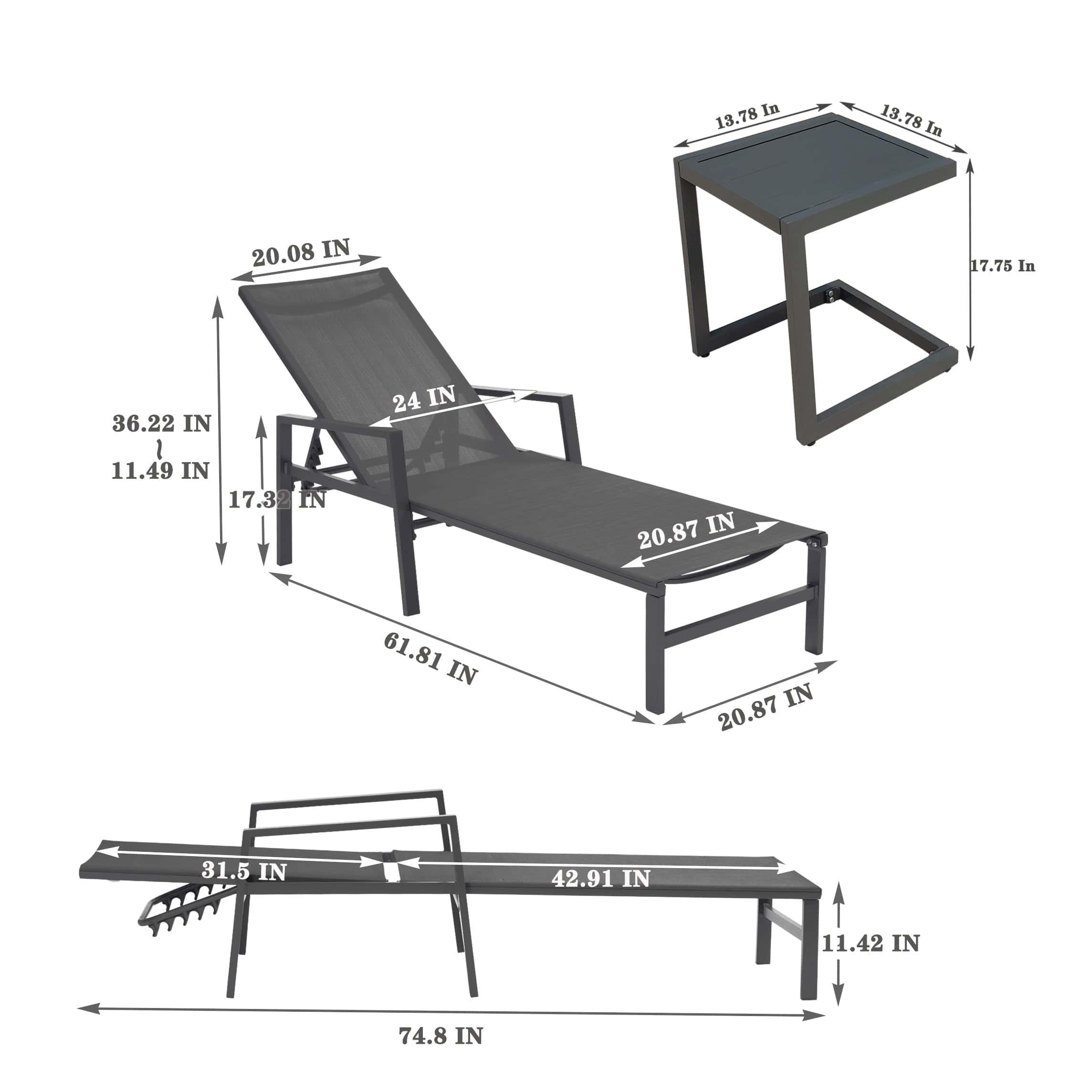 Shop Outdoor 3-Pcs Set Chaise Lounge Chairs With Table,Five-Position Adjustable Aluminum Recliners Set,All Weather For Patio,Beach,Yard, Pool(Grey Frame/Dark Gray Fabric) Mademoiselle Home Decor