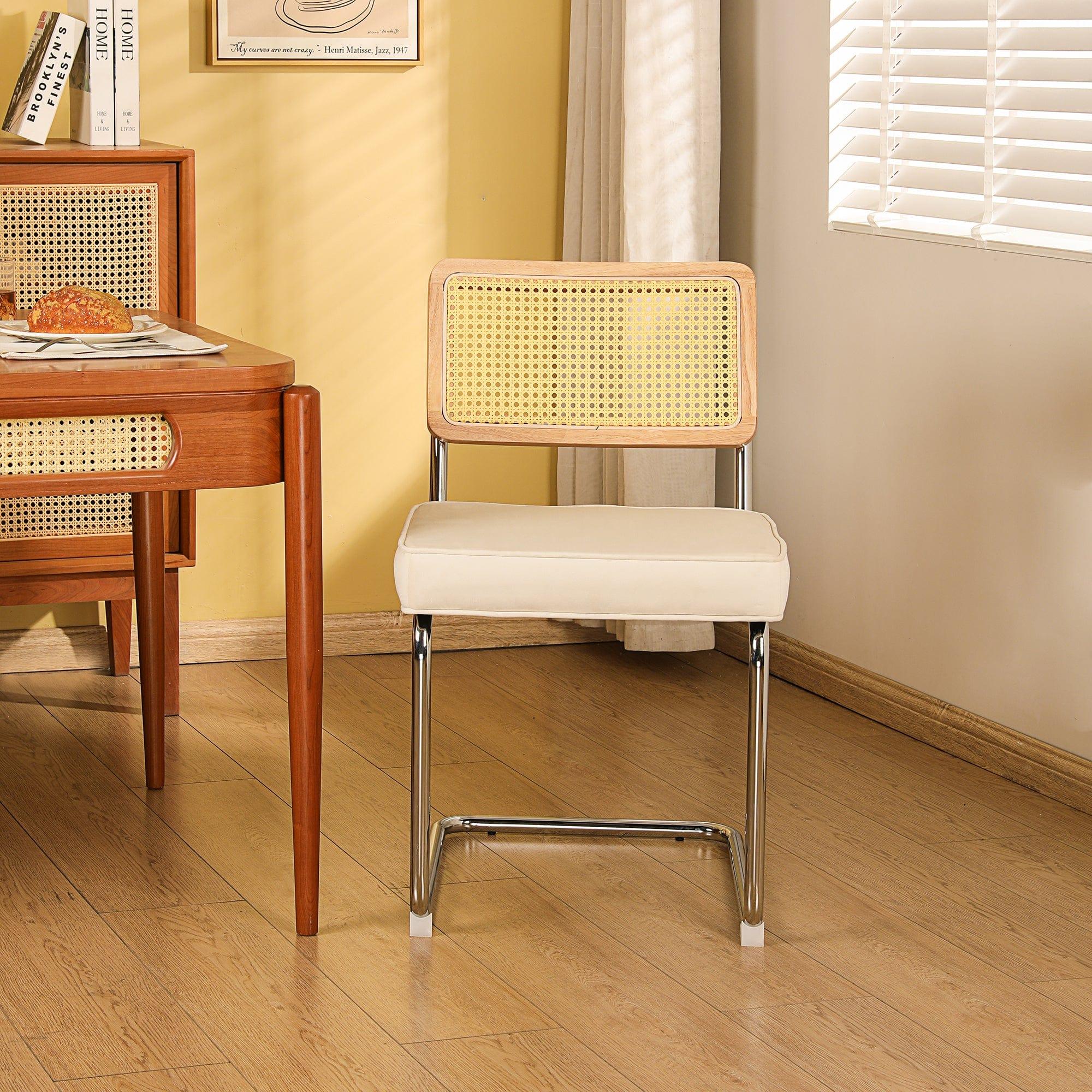 Shop Dining Chairs 2pcs, Velvet Side Chairs Rattan Chairs with Cane Back & Stainless Chrome Base, Modern Mid Century Breuer Designed Chairs, Upholstered Dining Living Room Kitchen Chairs, White Mademoiselle Home Decor