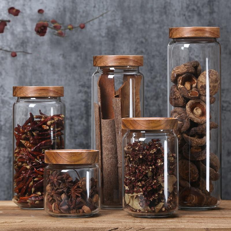 Shop 0 Wood Lid Orgnizer Glass Airtight Canister Kitchen Storage Bottles Jar Sealed Food Container Ginger Cereal Dispenser Stash Cans Mademoiselle Home Decor