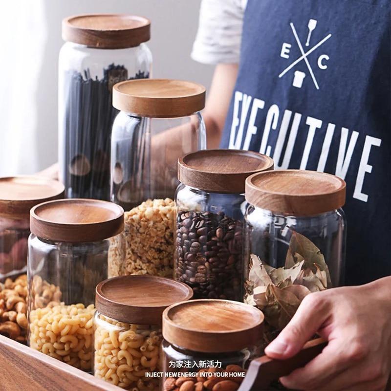 Shop 0 Wood Lid Orgnizer Glass Airtight Canister Kitchen Storage Bottles Jar Sealed Food Container Ginger Cereal Dispenser Stash Cans Mademoiselle Home Decor