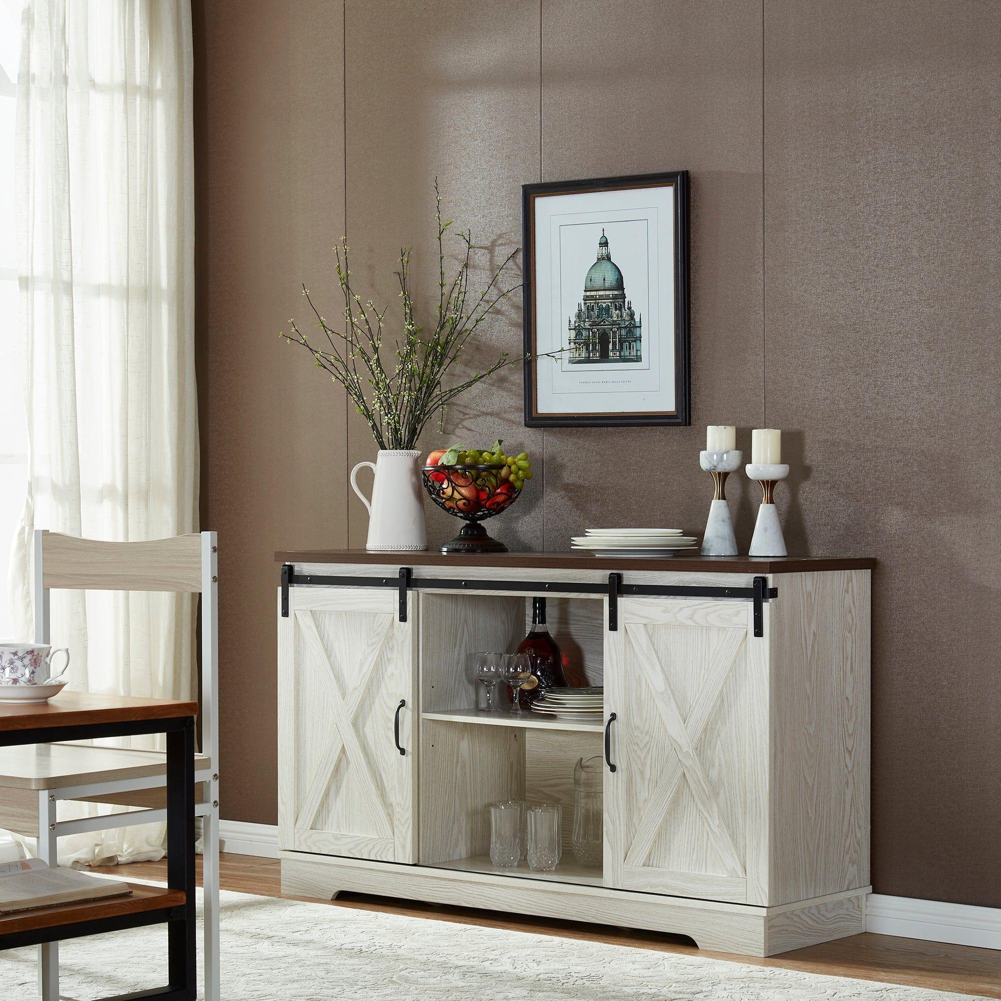 Shop Buffet Sideboard/TV Stand / Storage Cabinet with 2 Sliding Barn Doors, Walnut+White Wash Mademoiselle Home Decor