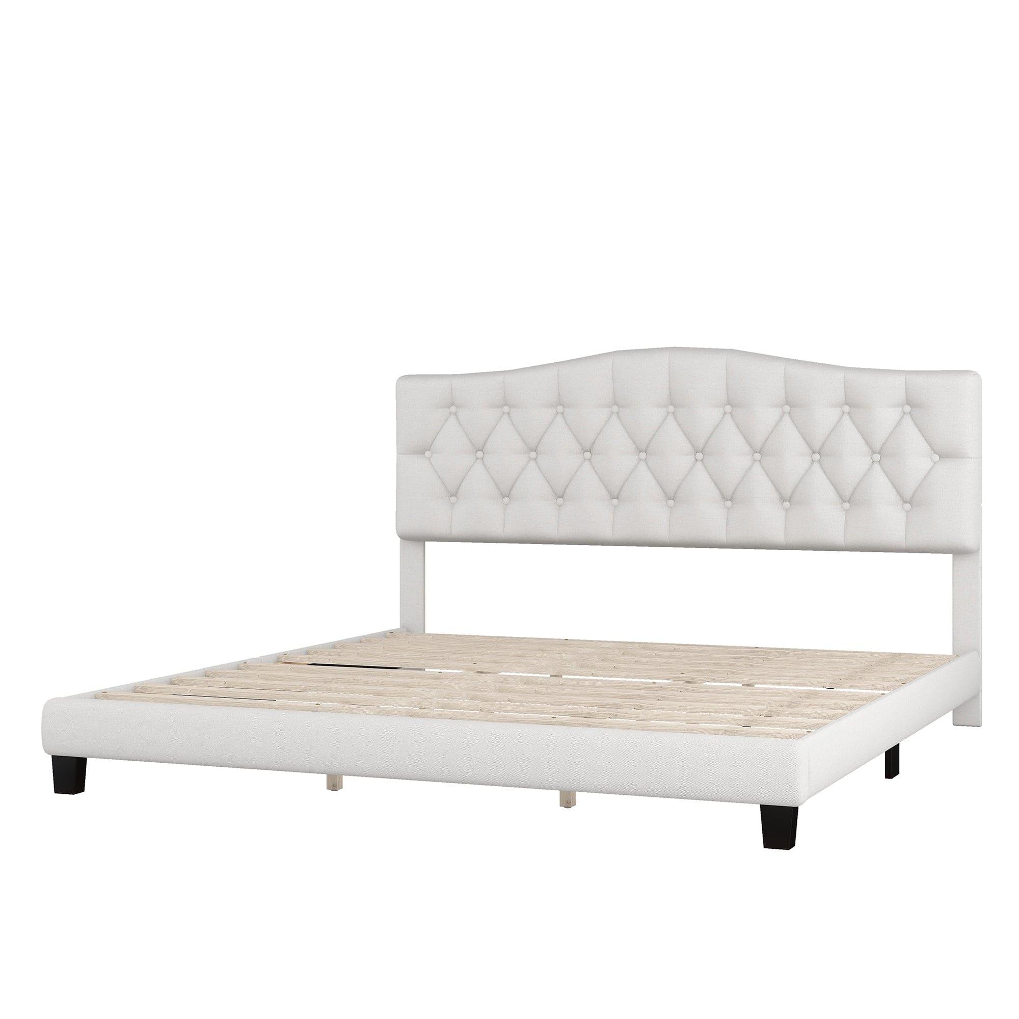 Shop Upholstered Platform Bed with Saddle Curved Headboard and Diamond Tufted Details, King, Beige Mademoiselle Home Decor