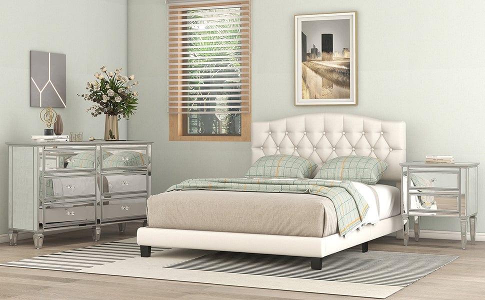 Shop Upholstered Platform Bed with Saddle Curved Headboard and Diamond Tufted Details, King, Beige Mademoiselle Home Decor