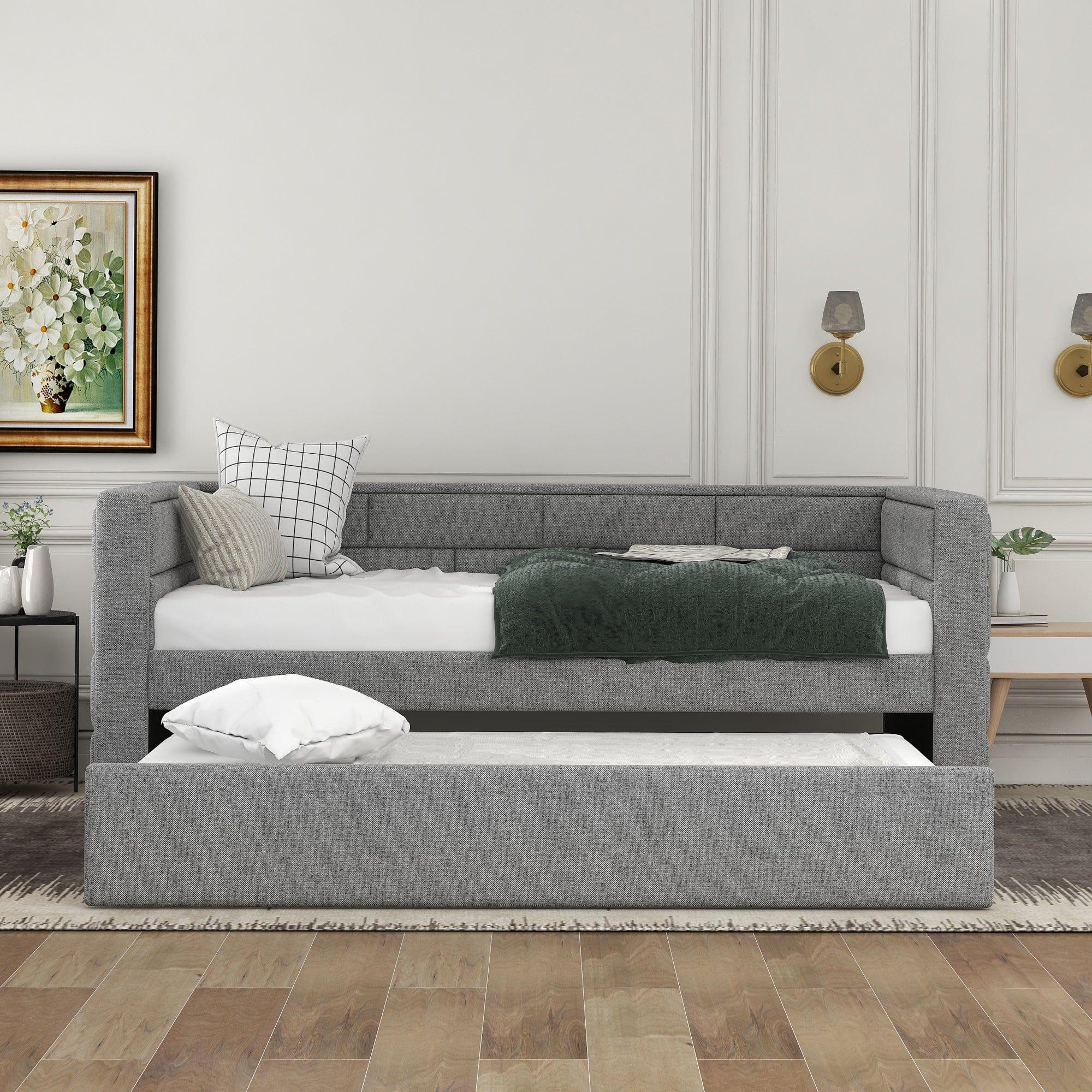 Shop Twin Size Daybed with Trundle, Upholstered Daybed with Padded Back, Gray Mademoiselle Home Decor