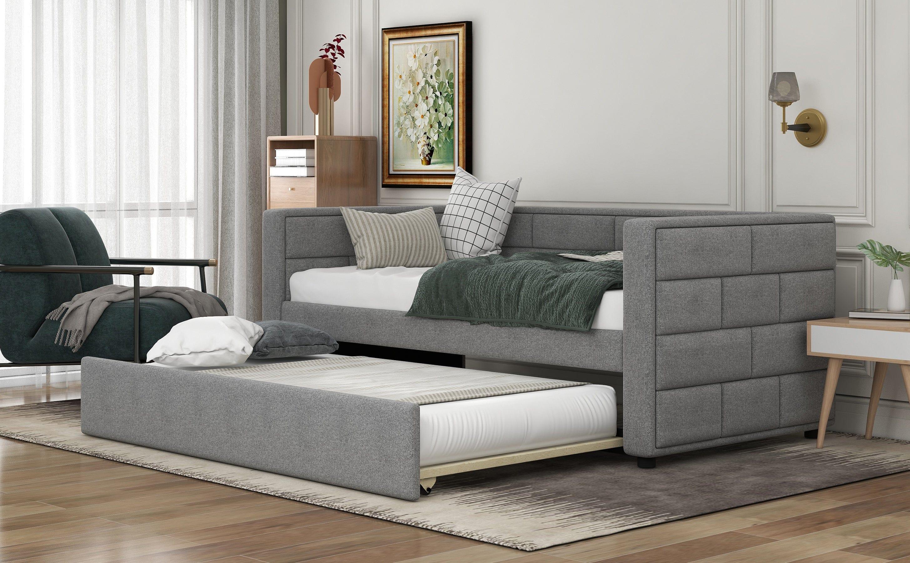 Shop Twin Size Daybed with Trundle, Upholstered Daybed with Padded Back, Gray Mademoiselle Home Decor