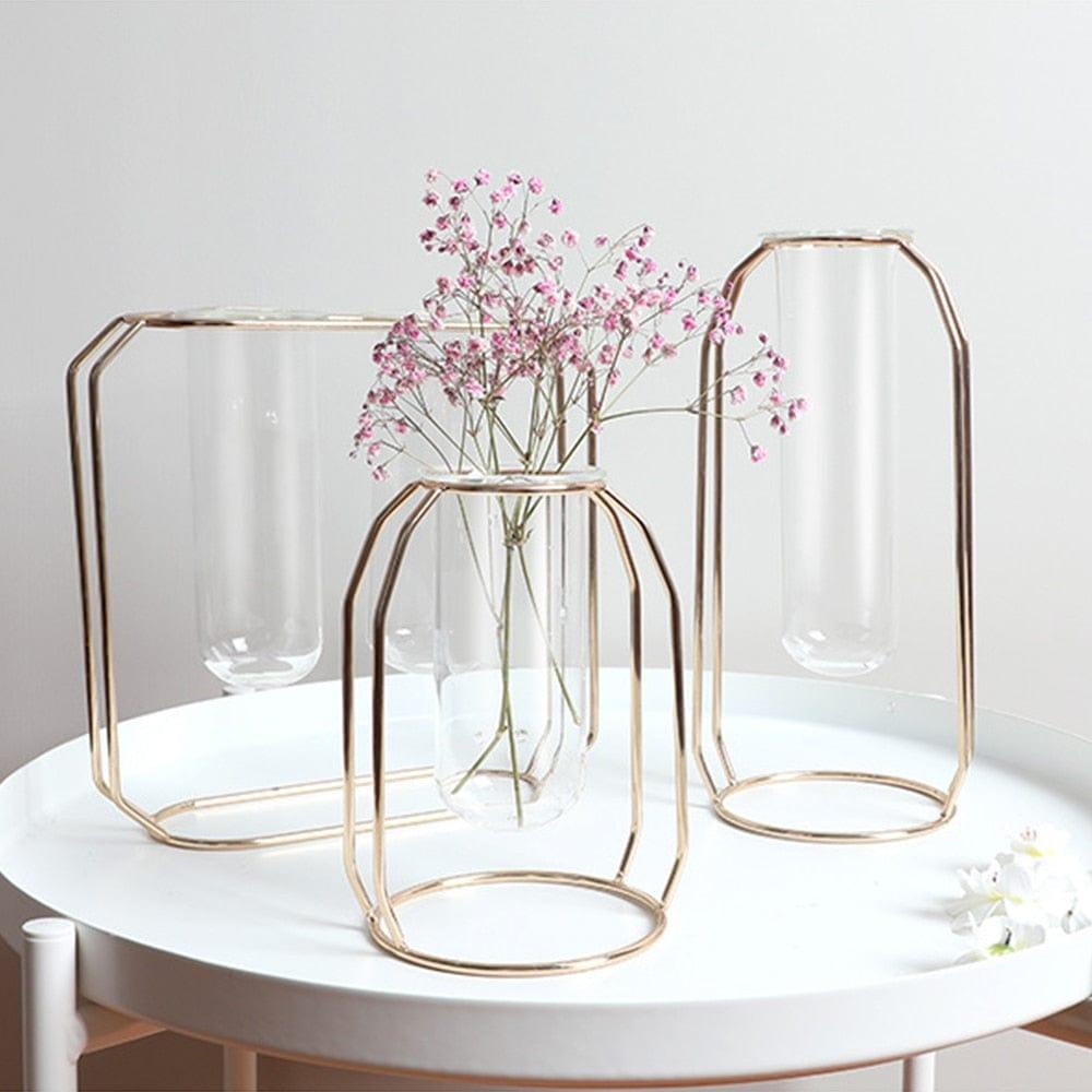 Shop 0 Nordic Creative Vase Home Decor Golden Glass Vase Hydroponic Plant Holder Iron Line Flowers Ornament Home Garden Decoration Hot Mademoiselle Home Decor