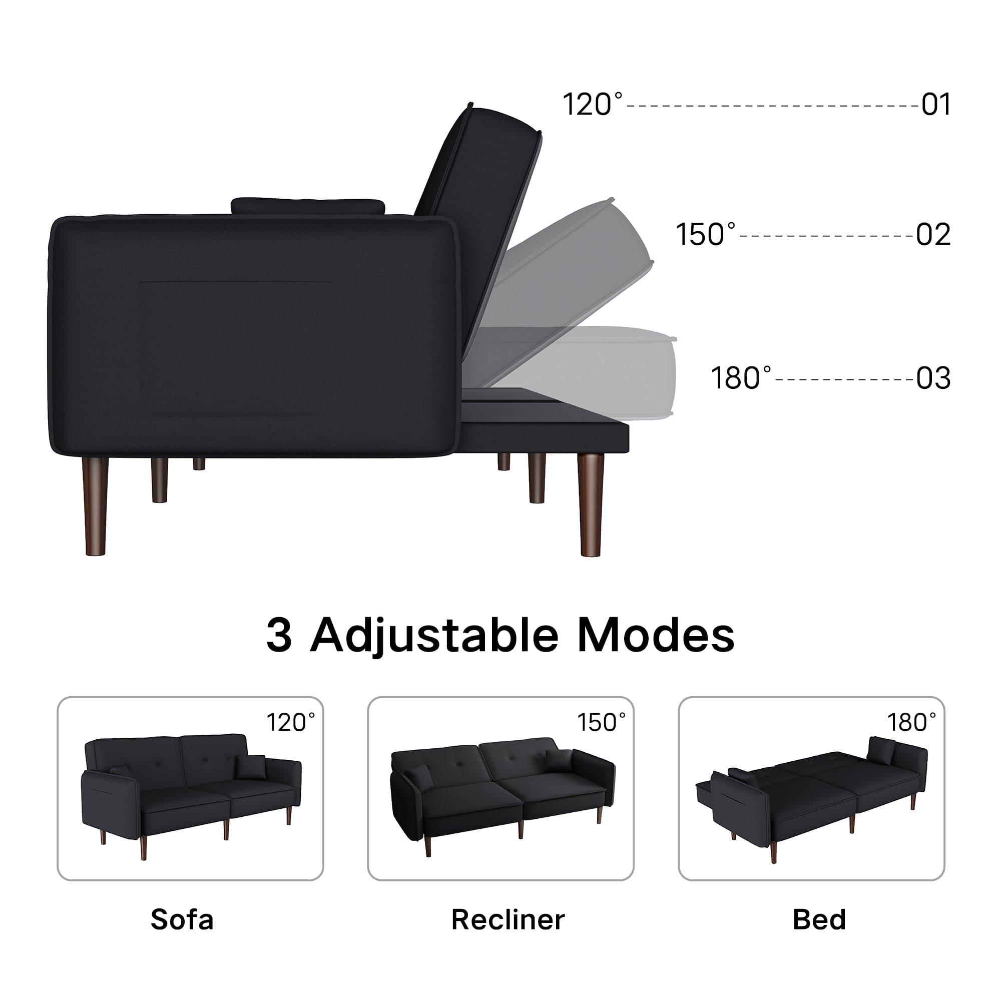 Shop Convertible Sofa Bed with Wood Legs in Cotton Linen Fabric(Black) Mademoiselle Home Decor