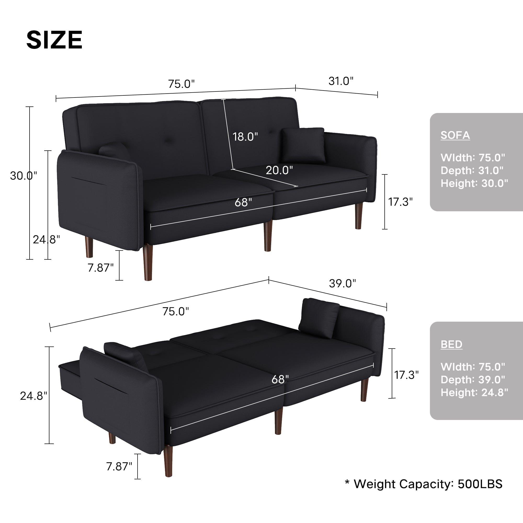 Shop Convertible Sofa Bed with Wood Legs in Cotton Linen Fabric(Black) Mademoiselle Home Decor