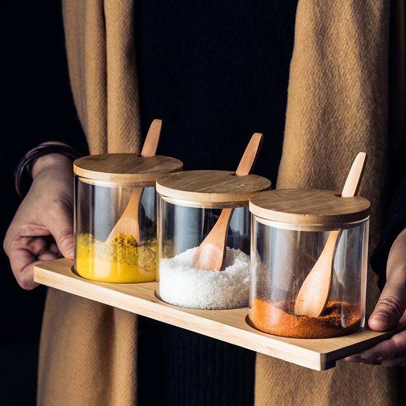 Shop 0 3 PCS Set Glasses Storage Jar Candy Cookies Tea Coffee Beans Organizer Bottle Wood Lid Container Spices Food Cereal Snack Jars Mademoiselle Home Decor