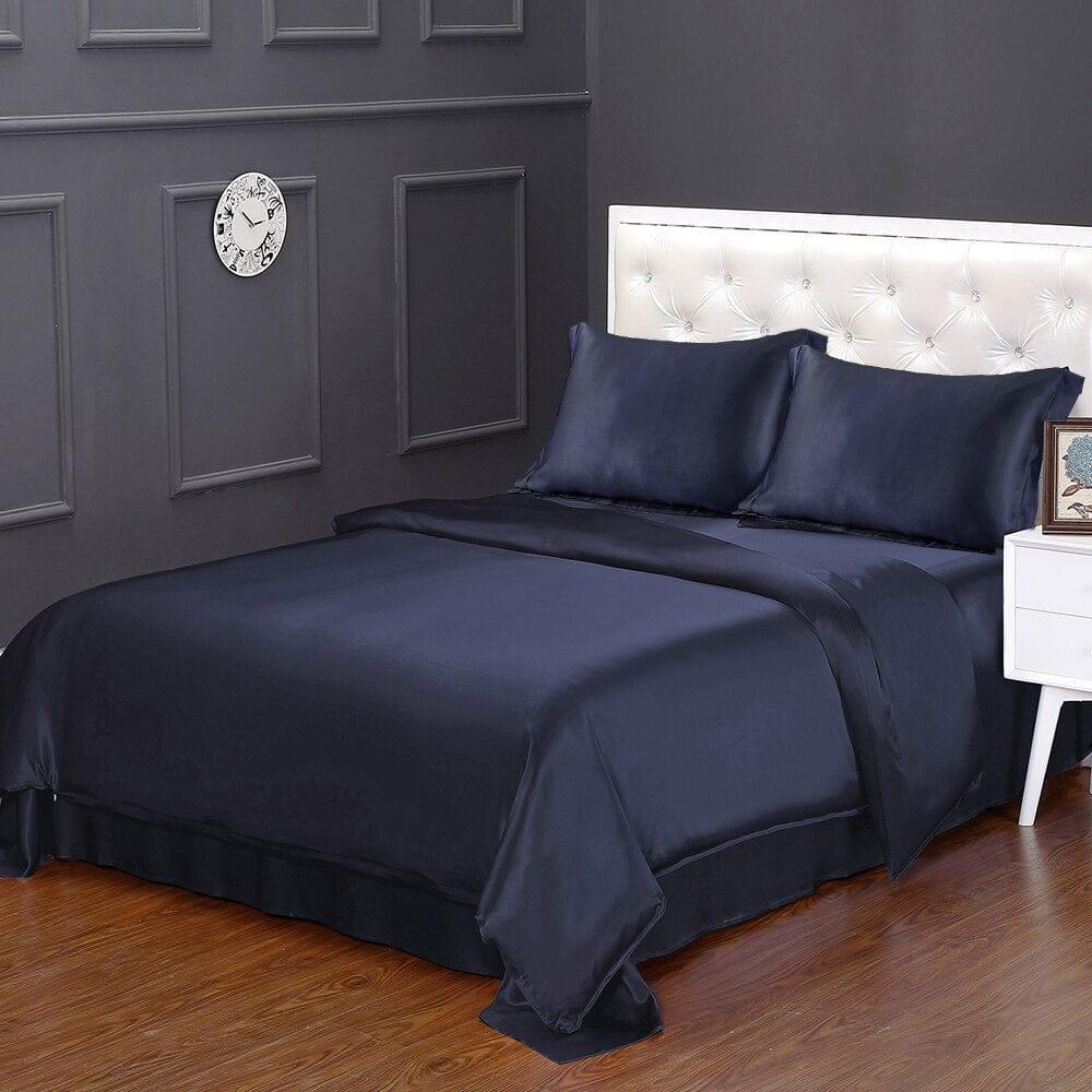 Shop 0 Navy Blue / China / Full LILYSILK Bedding Set 4pcs Silk 100 Mulberry Luxury Queen King Seamless Duvet Cover Fitted Sheet Oxford Pillowcases 19 Momme Mademoiselle Home Decor