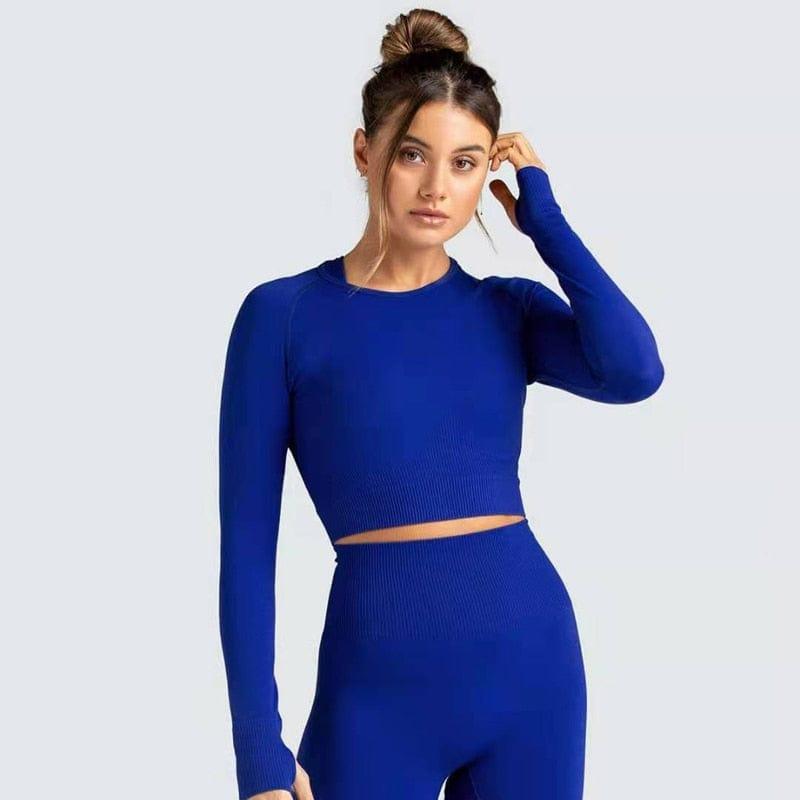 Shop 0 blue long sleeve 2 / S Two Piece Set Women Sportswear Workout Clothes for Women Sport Sets Suits For Fitness Long Sleeve Seamless Yoga Set Leggings Mademoiselle Home Decor