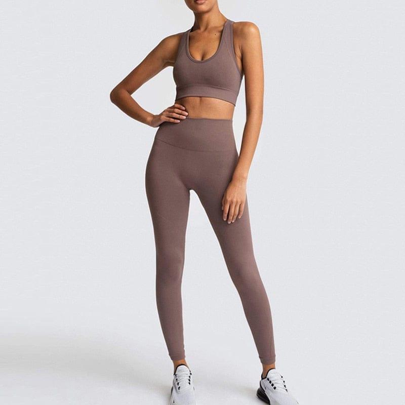 Shop 0 brown suit 2 / S Two Piece Set Women Sportswear Workout Clothes for Women Sport Sets Suits For Fitness Long Sleeve Seamless Yoga Set Leggings Mademoiselle Home Decor