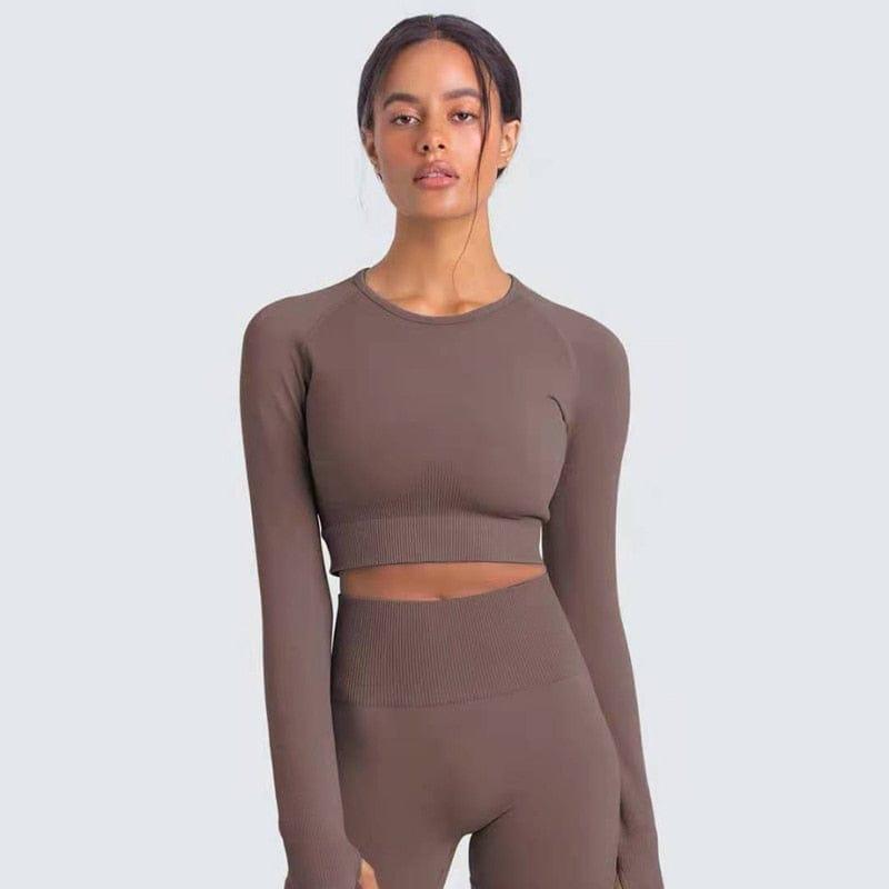Shop 0 brown long sleeve 2 / S Two Piece Set Women Sportswear Workout Clothes for Women Sport Sets Suits For Fitness Long Sleeve Seamless Yoga Set Leggings Mademoiselle Home Decor