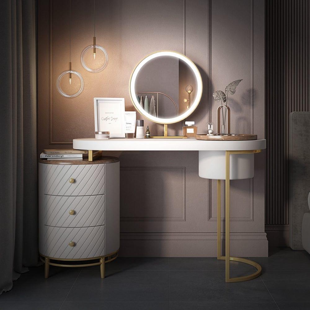 Shop Modern Makeup Vanity Table With LED Lighted Mirror, Dressing Table with Movable Tray Top, 4 Solid Wood Drawer, Without Stool, 43", White Mademoiselle Home Decor