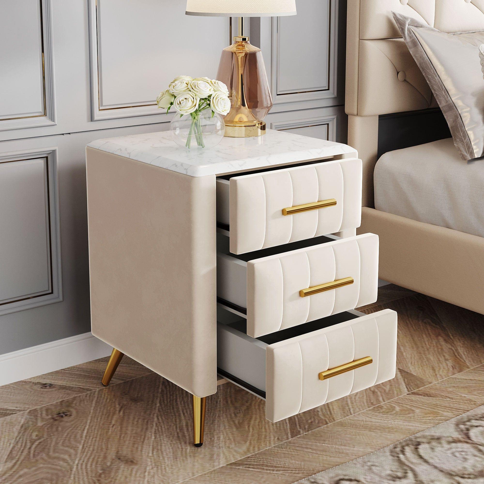 Shop Upholstered Wooden Nightstand with 3 Drawers and Metal Legs&Handles,Fully Assembled Except Legs&Handles,Bedside Table with Marbling Worktop - Beige Mademoiselle Home Decor