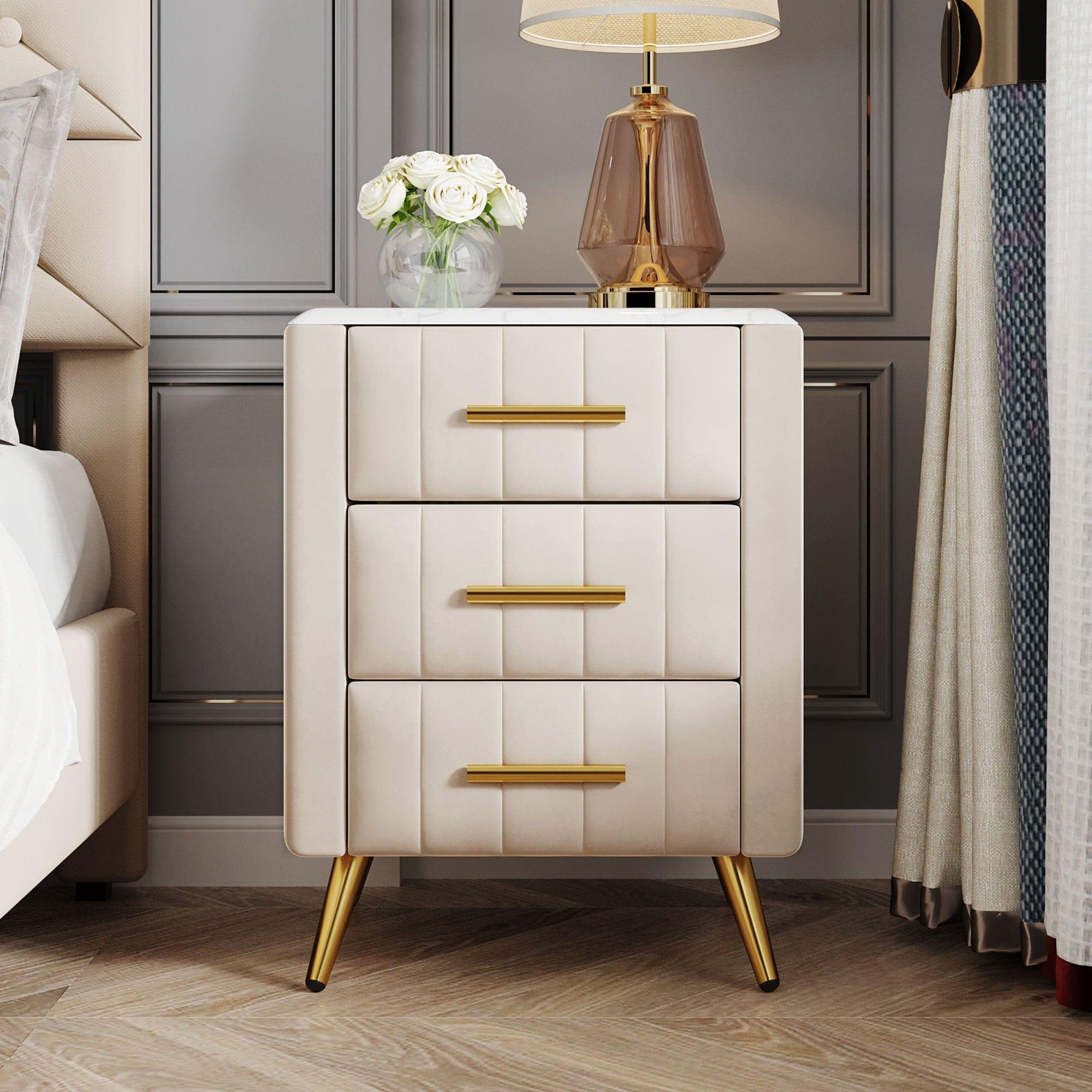 Shop Upholstered Wooden Nightstand with 3 Drawers and Metal Legs&Handles,Fully Assembled Except Legs&Handles,Bedside Table with Marbling Worktop - Beige Mademoiselle Home Decor
