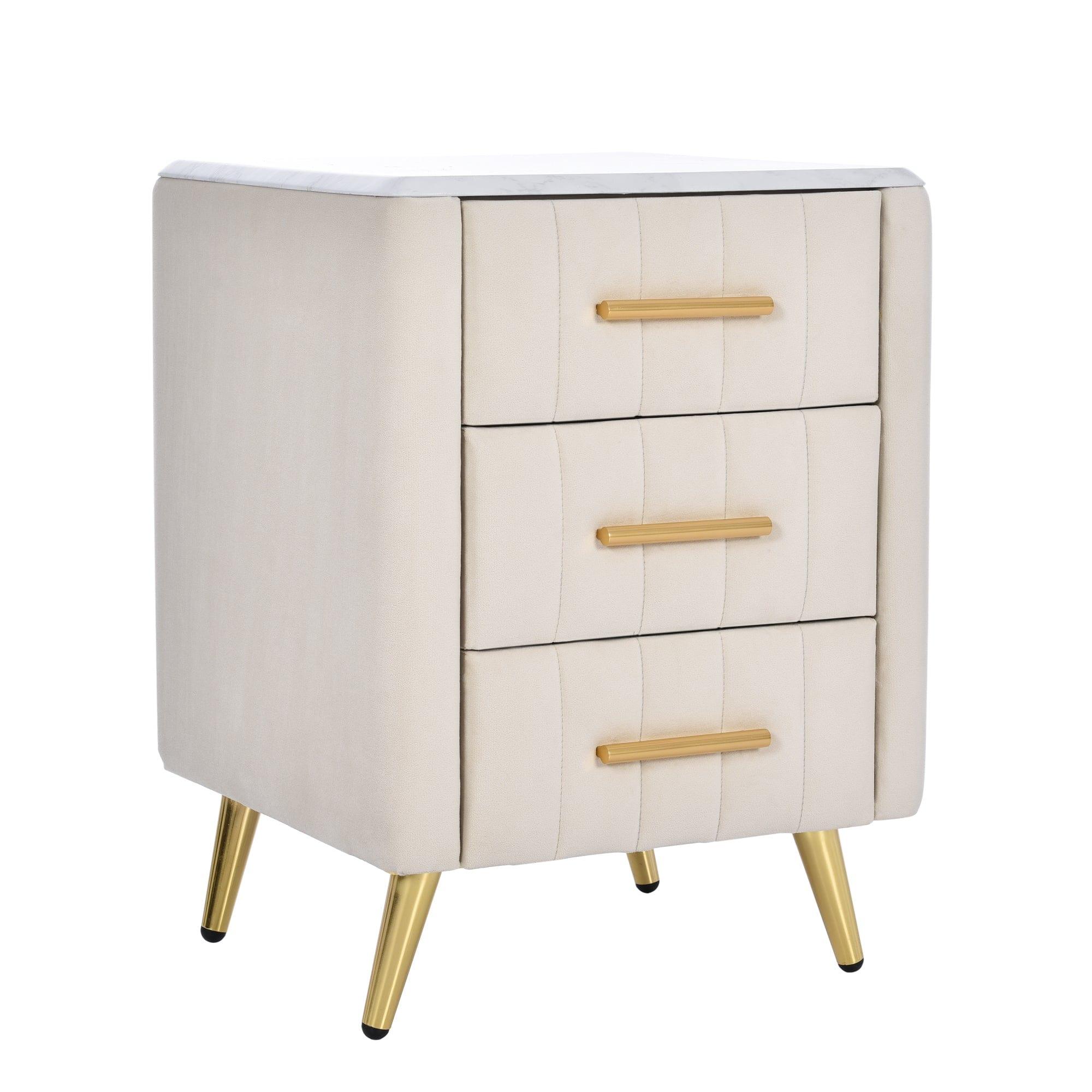 Shop Upholstered Wooden Nightstand with 3 Drawers and Metal Legs&Handles,Fully Assembled Except Legs&Handles,Bedside Table with Marbling Worktop - Beige Mademoiselle Home Decor