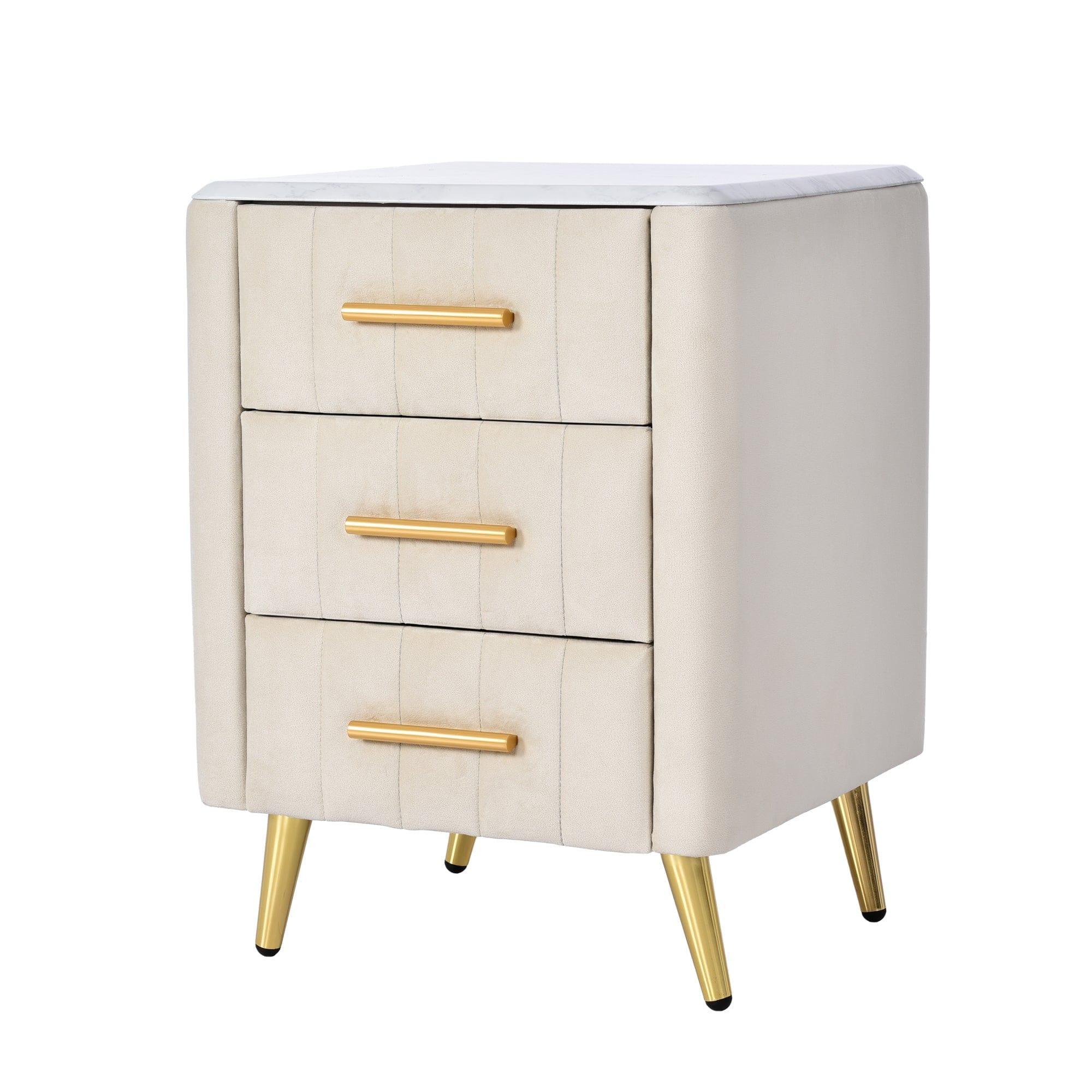 Shop Upholstered Wooden Nightstand with 3 Drawers and Metal Legs&Handles,Fully Assembled Except Legs&Handles,Bedside Table with Marbling Worktop - Beige Mademoiselle Home Decor