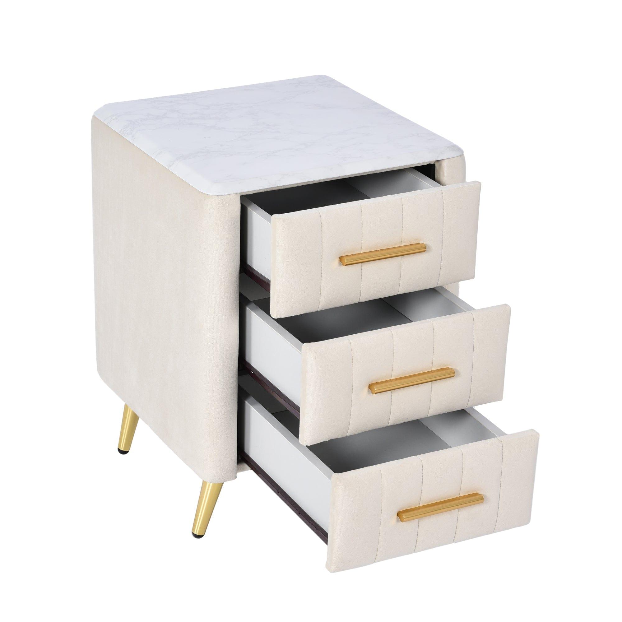 Shop Upholstered Wooden Nightstand with 3 Drawers and Metal Legs&Handles,Fully Assembled Except Legs&Handles,Bedside Table with Marbling Worktop - Beige Mademoiselle Home Decor