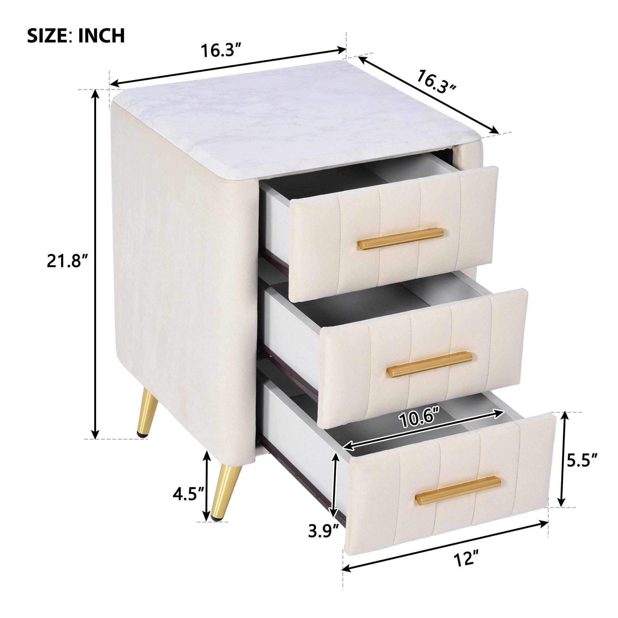 Shop Upholstered Wooden Nightstand with 3 Drawers and Metal Legs&Handles,Fully Assembled Except Legs&Handles,Bedside Table with Marbling Worktop - Beige Mademoiselle Home Decor
