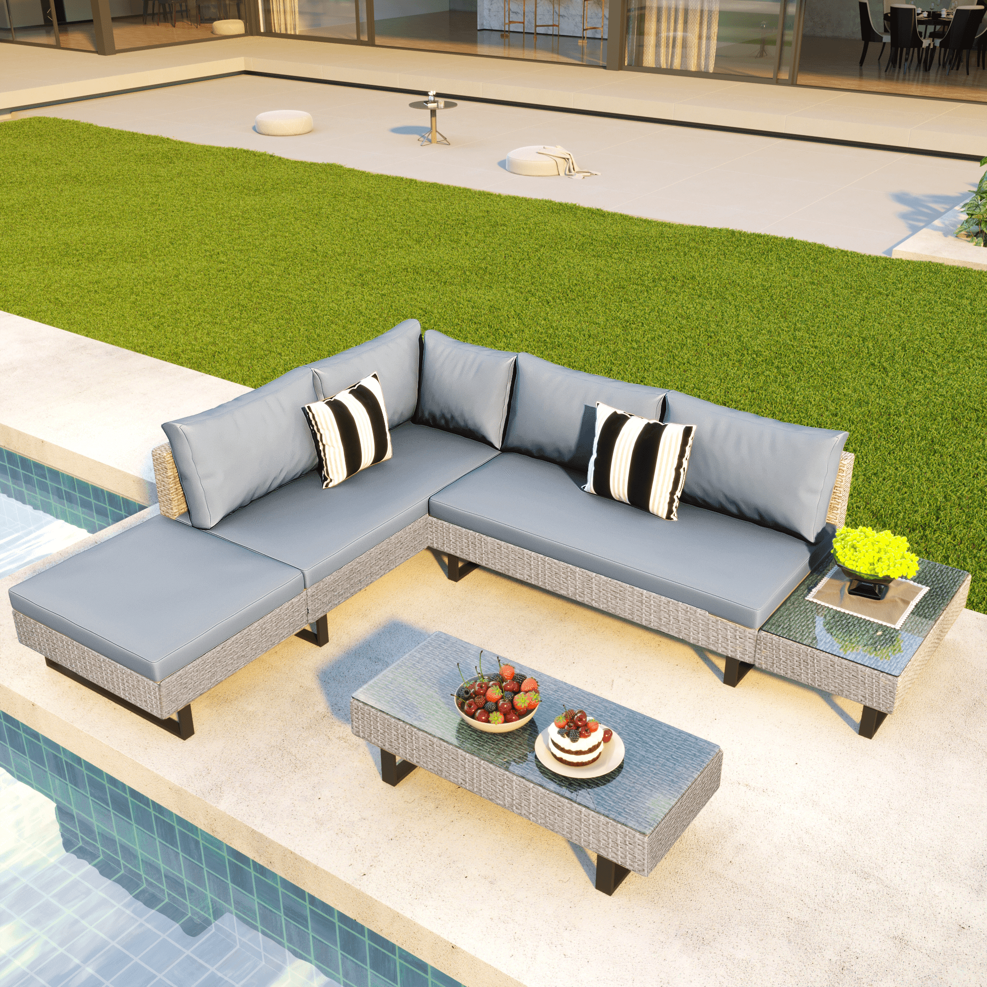 Shop GO 3-piece Outdoor Wicker Sofa Patio Furniture Set, L-shaped Corner Sofa, Water And UV Protected, Two Glass Table, Adjustable Feet And 3.1" Thicker Cushion, Light Gray Cushion and Beige Wicker Mademoiselle Home Decor