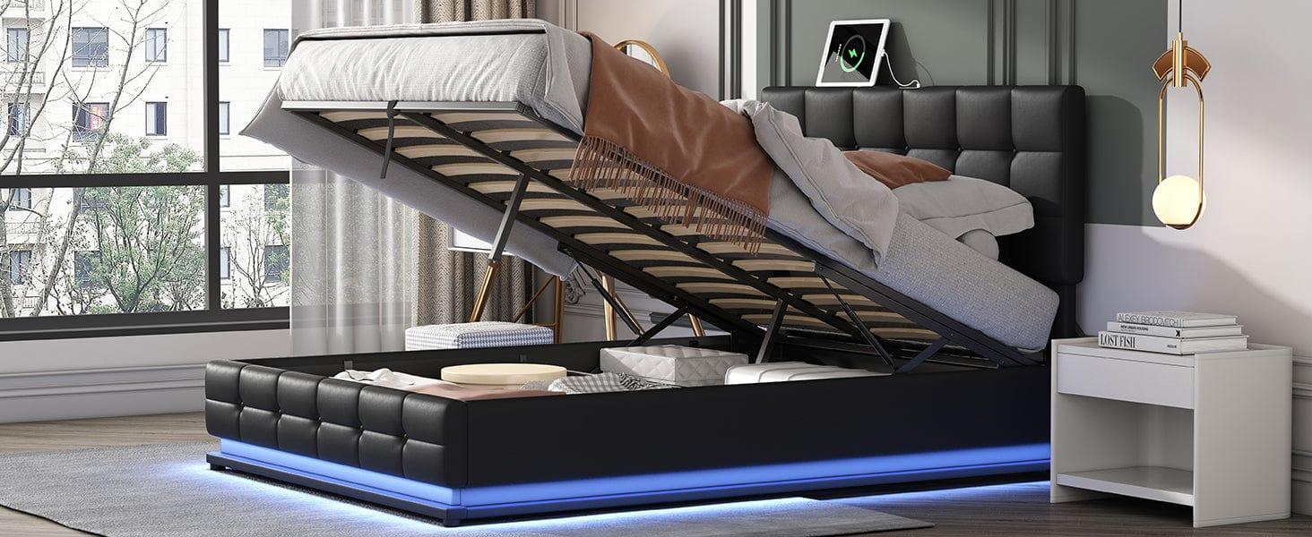 Shop Tufted Upholstered Platform Bed with Hydraulic Storage System,Queen Size PU Storage Bed with LED Lights and USB charger, Black Mademoiselle Home Decor