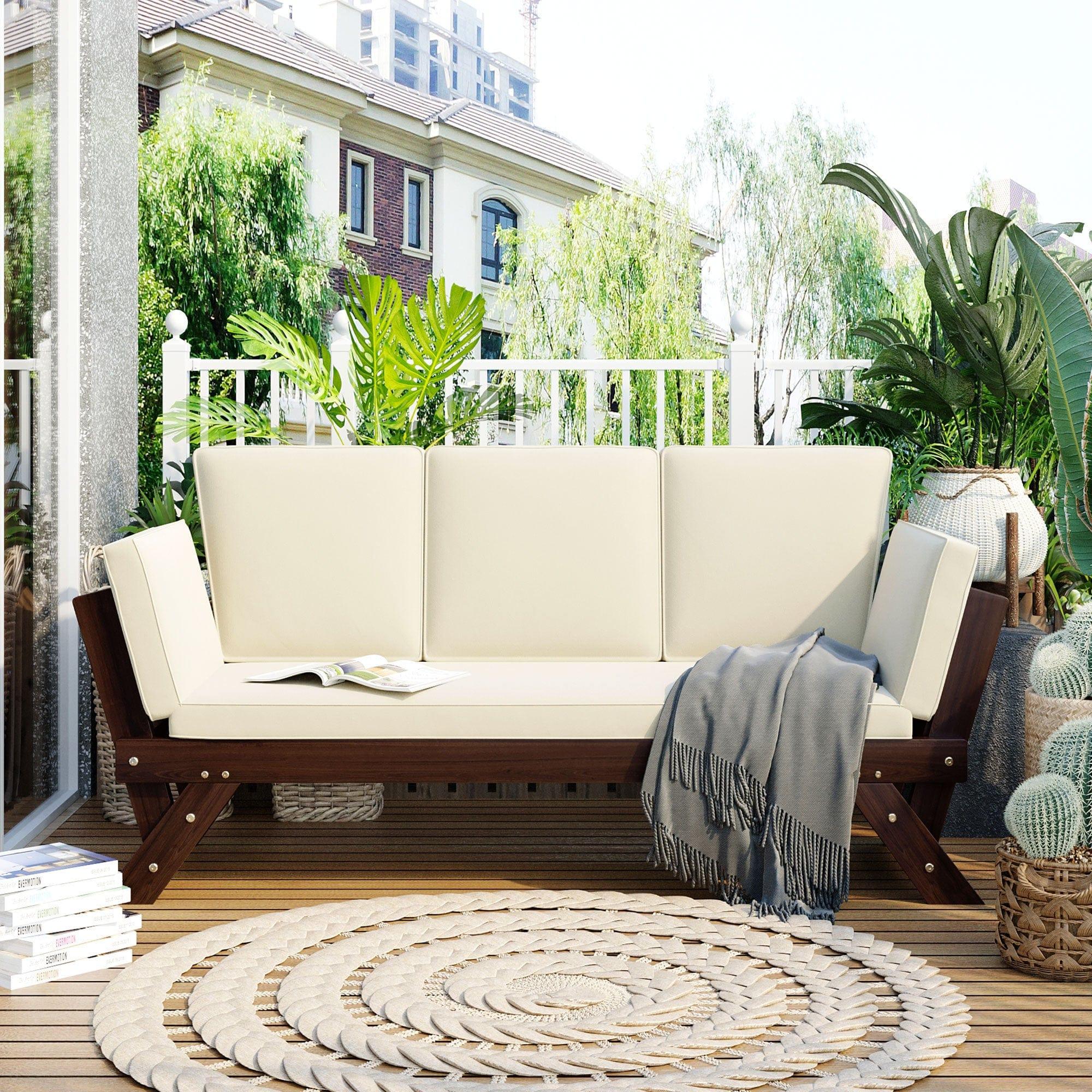 Shop TOPMAX Outdoor Adjustable Patio Wooden Daybed Sofa Chaise Lounge with Cushions for Small Places, Brown Finish+Beige Cushion Mademoiselle Home Decor