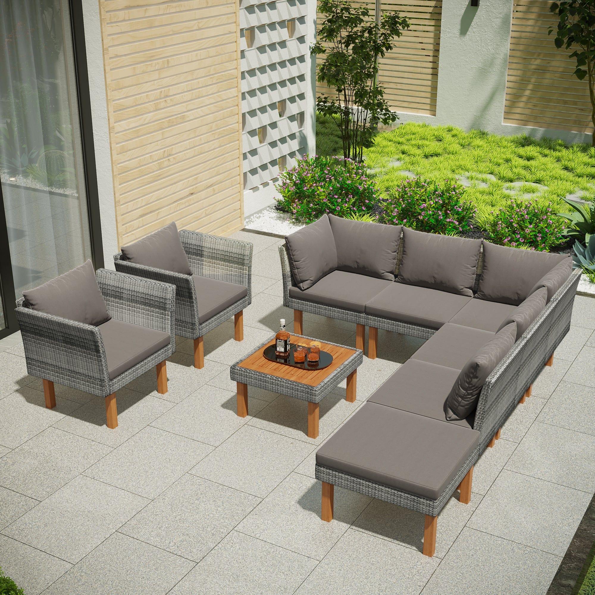 Shop GO 9-Piece Outdoor Patio Garden Wicker Sofa Set, Gray PE Rattan Sofa Set, with Wood Legs, Acacia Wood Tabletop, Armrest Chairs with Gray Cushions Mademoiselle Home Decor