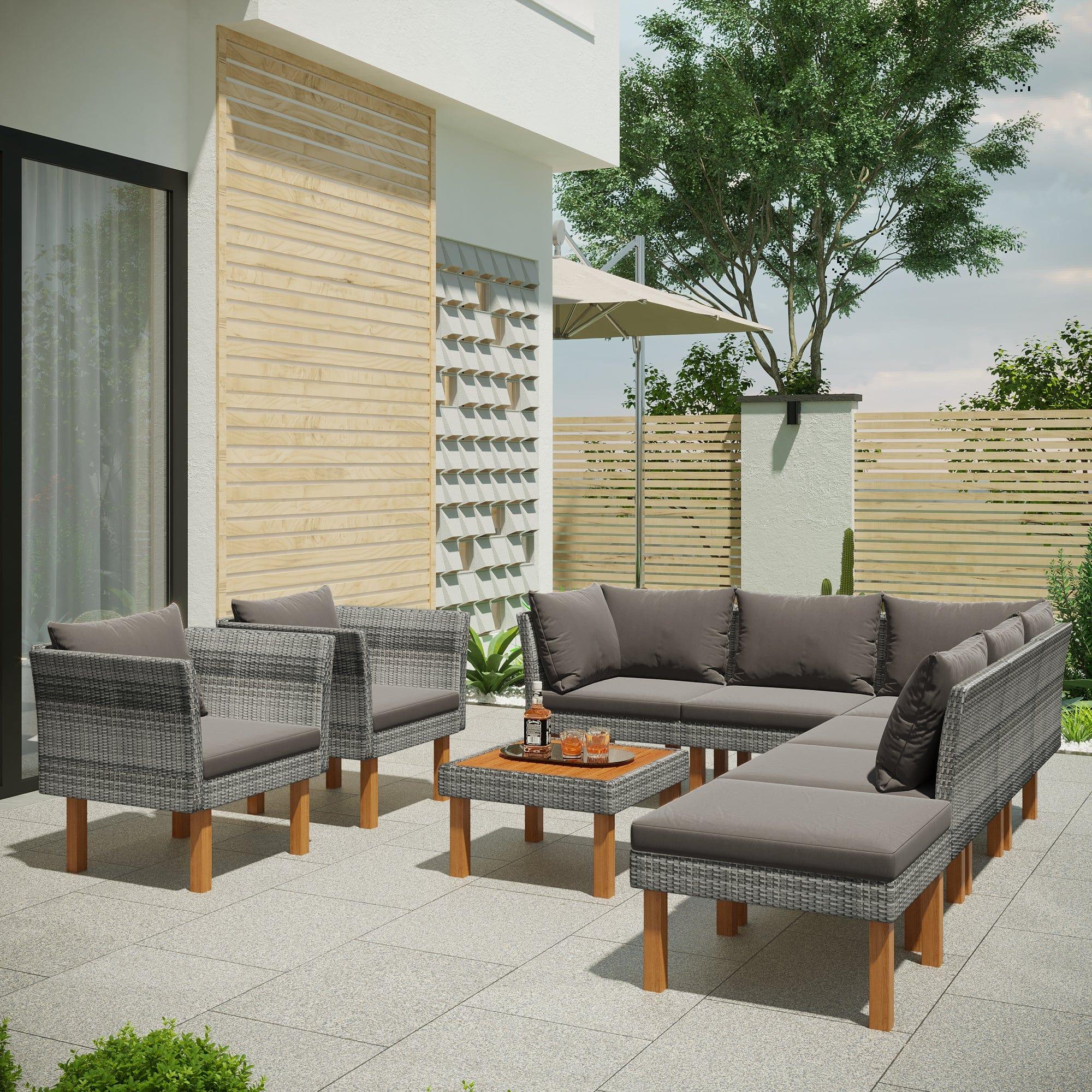 Shop GO 9-Piece Outdoor Patio Garden Wicker Sofa Set, Gray PE Rattan Sofa Set, with Wood Legs, Acacia Wood Tabletop, Armrest Chairs with Gray Cushions Mademoiselle Home Decor