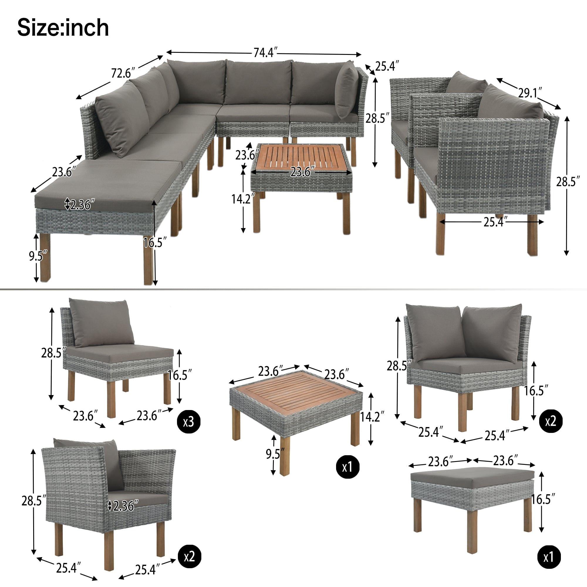 Shop GO 9-Piece Outdoor Patio Garden Wicker Sofa Set, Gray PE Rattan Sofa Set, with Wood Legs, Acacia Wood Tabletop, Armrest Chairs with Gray Cushions Mademoiselle Home Decor
