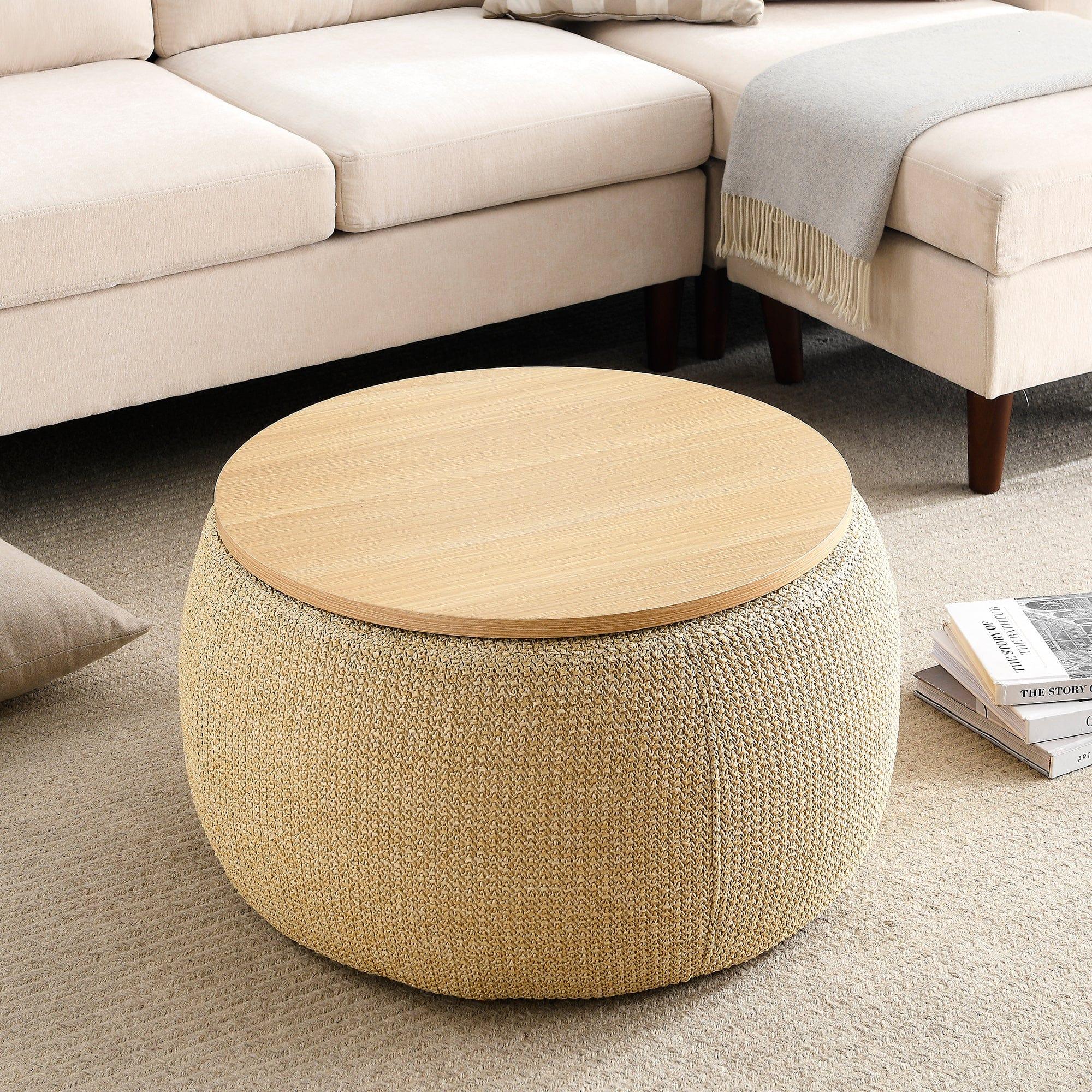 Shop Round Storage Ottoman, 2 in 1 Function, Work as End table and Ottoman, Natural (25.5"x25.5"x14.5") Mademoiselle Home Decor
