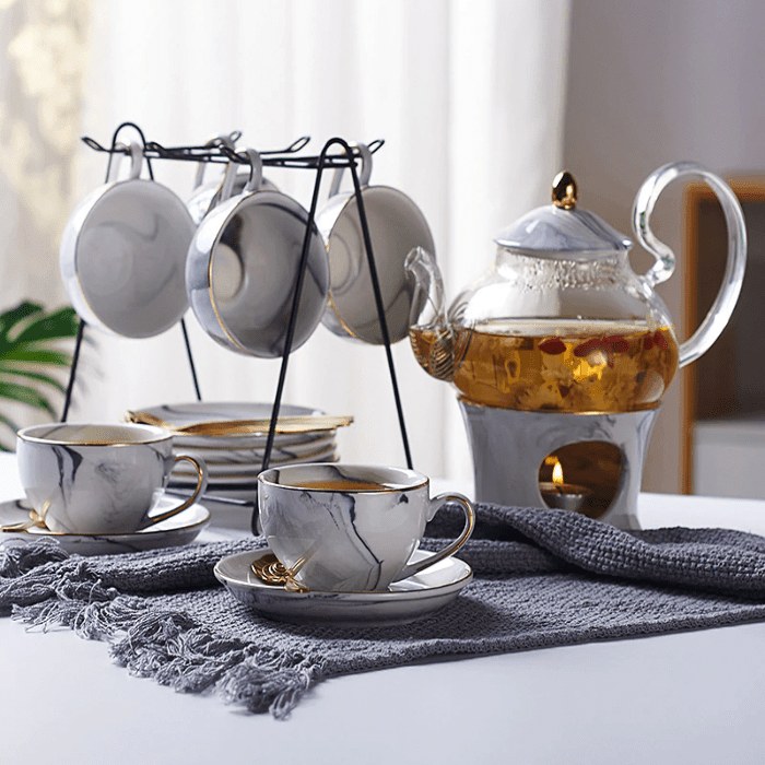 Shop Tea Set Gray / 4 Teacups & Teapot Marshall Porcelain Tea Set Mademoiselle Home Decor