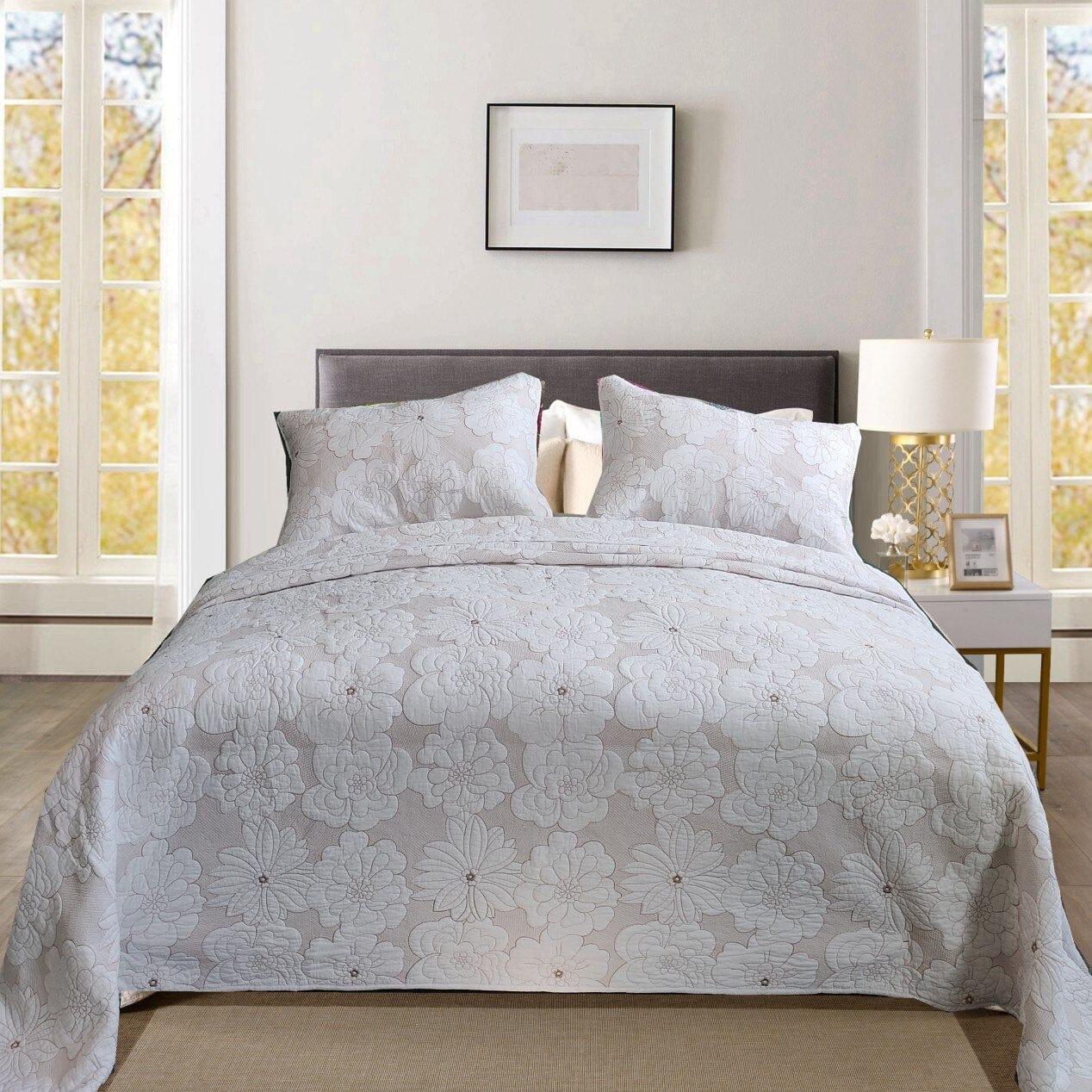 Shop 0 Color 2 / 230X250cm 3Pcs Premium Quilted Cotton Bedspread Coverlet Set Beige Embroidery  Chic Floral Comforter Bed Cover set 2 Pillow shams Mademoiselle Home Decor