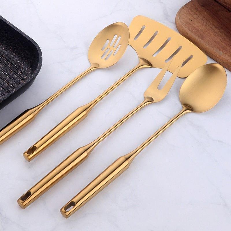 Shop 0 1-10PCS Stainless Steel CookwarLong Handle Set Gold Cooking Utensils Scoop Spoon Turner Ladle Cooking Tools Kitchen Utensils Set Mademoiselle Home Decor