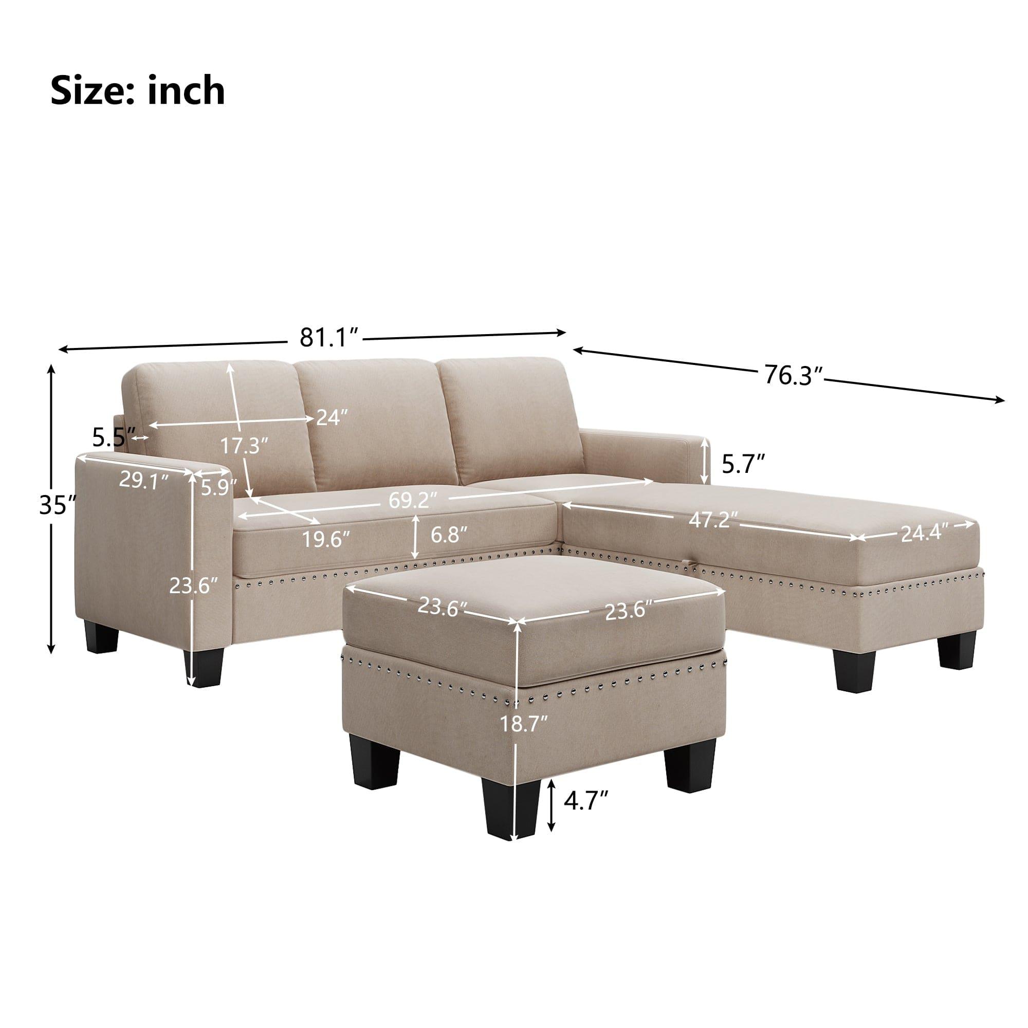 Shop [New] [VIDEO provided] 81.1*76.3*35" Reversible Sectional Couch with Storage Ottoman L-Shaped Sofa,Sectional Sofa with Chaise,Nailheaded Textured Fabric 3 pieces Sofa Set,Warm Grey Mademoiselle Home Decor