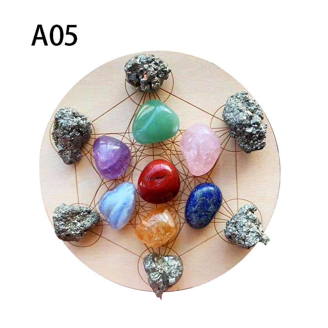 Shop 0 A05 7pcs/set Natural Crystal Mixed  seven Chakra Healing Stone + Seven Star Array Wood Plate Gravel Chips Chakra Home decor Gift Mademoiselle Home Decor