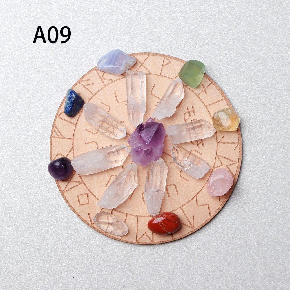 Shop 0 A09 7pcs/set Natural Crystal Mixed  seven Chakra Healing Stone + Seven Star Array Wood Plate Gravel Chips Chakra Home decor Gift Mademoiselle Home Decor