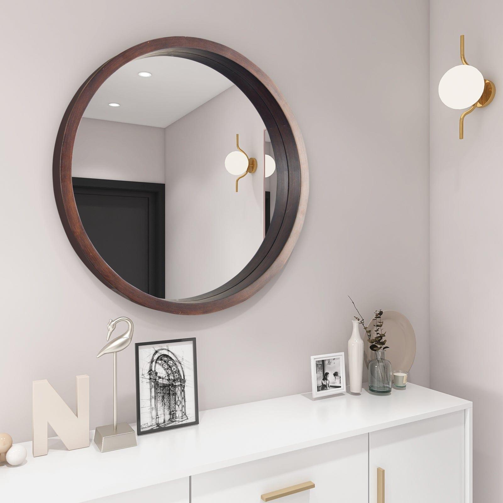 Shop Circle Mirror with Wood Frame, Round Modern Decoration Large Mirror for Bathroom Living Room Bedroom Entryway, Walnut Brown, 24" Mademoiselle Home Decor