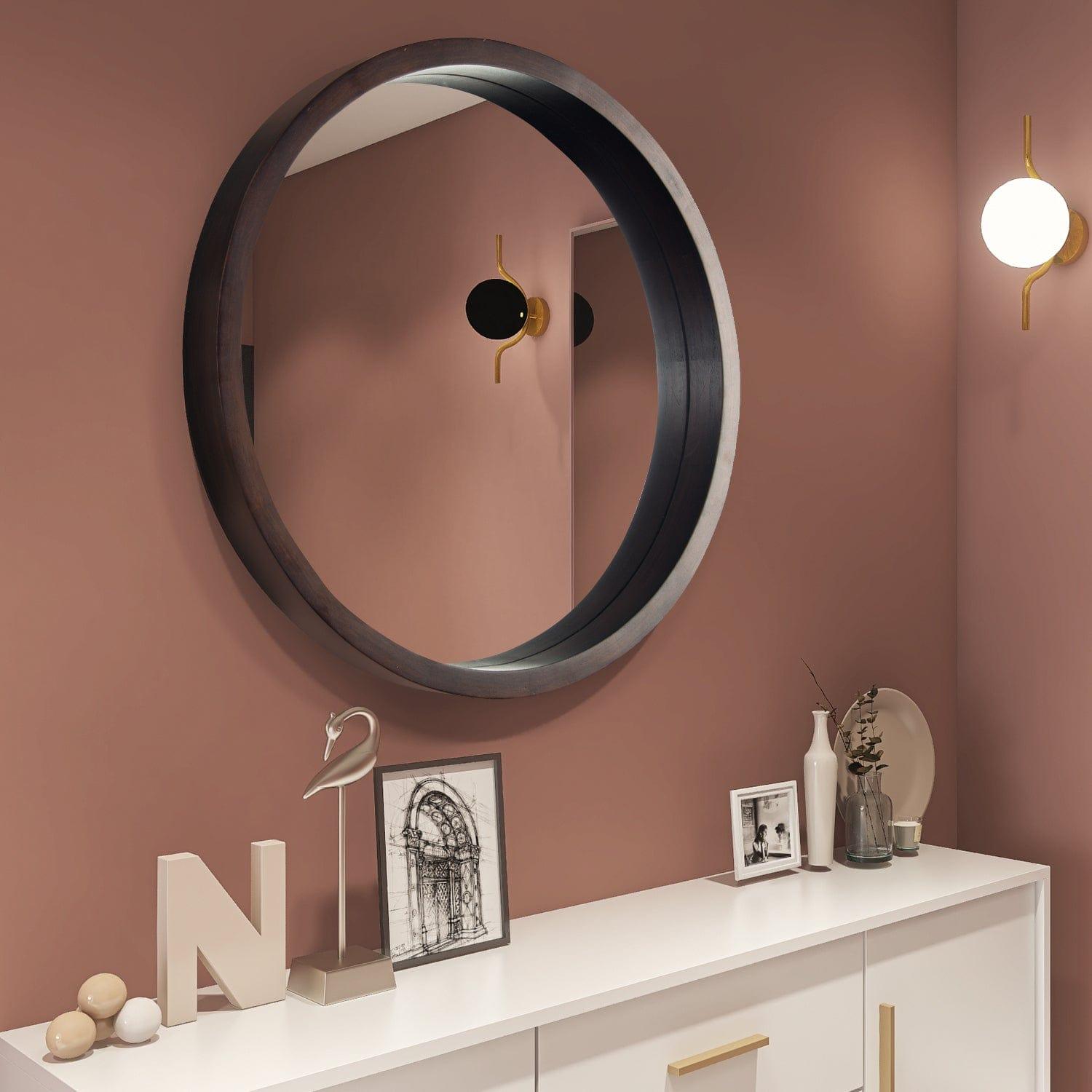 Shop Circle Mirror with Wood Frame, Round Modern Decoration Large Mirror for Bathroom Living Room Bedroom Entryway, Walnut Brown, 24" Mademoiselle Home Decor
