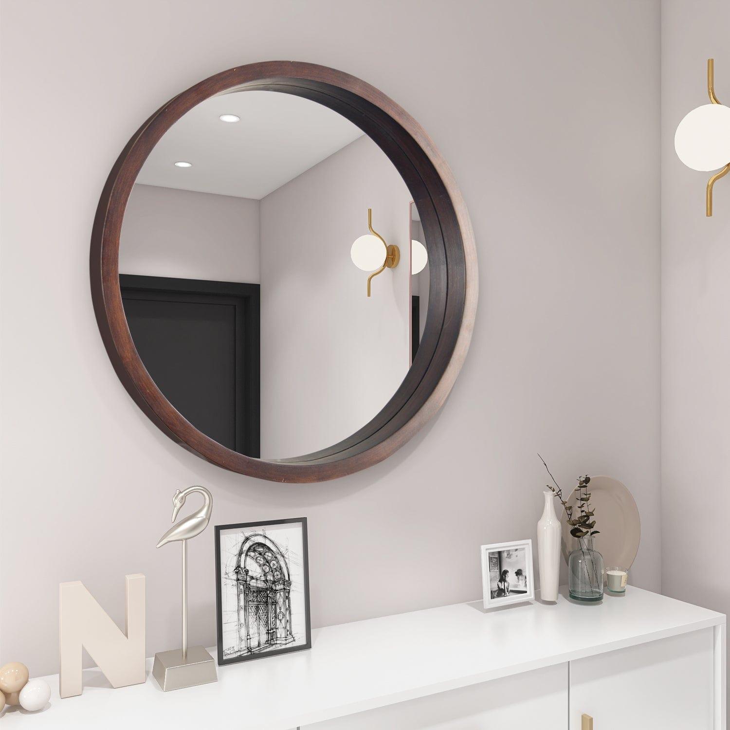 Shop Circle Mirror with Wood Frame, Round Modern Decoration Large Mirror for Bathroom Living Room Bedroom Entryway, Walnut Brown, 24" Mademoiselle Home Decor