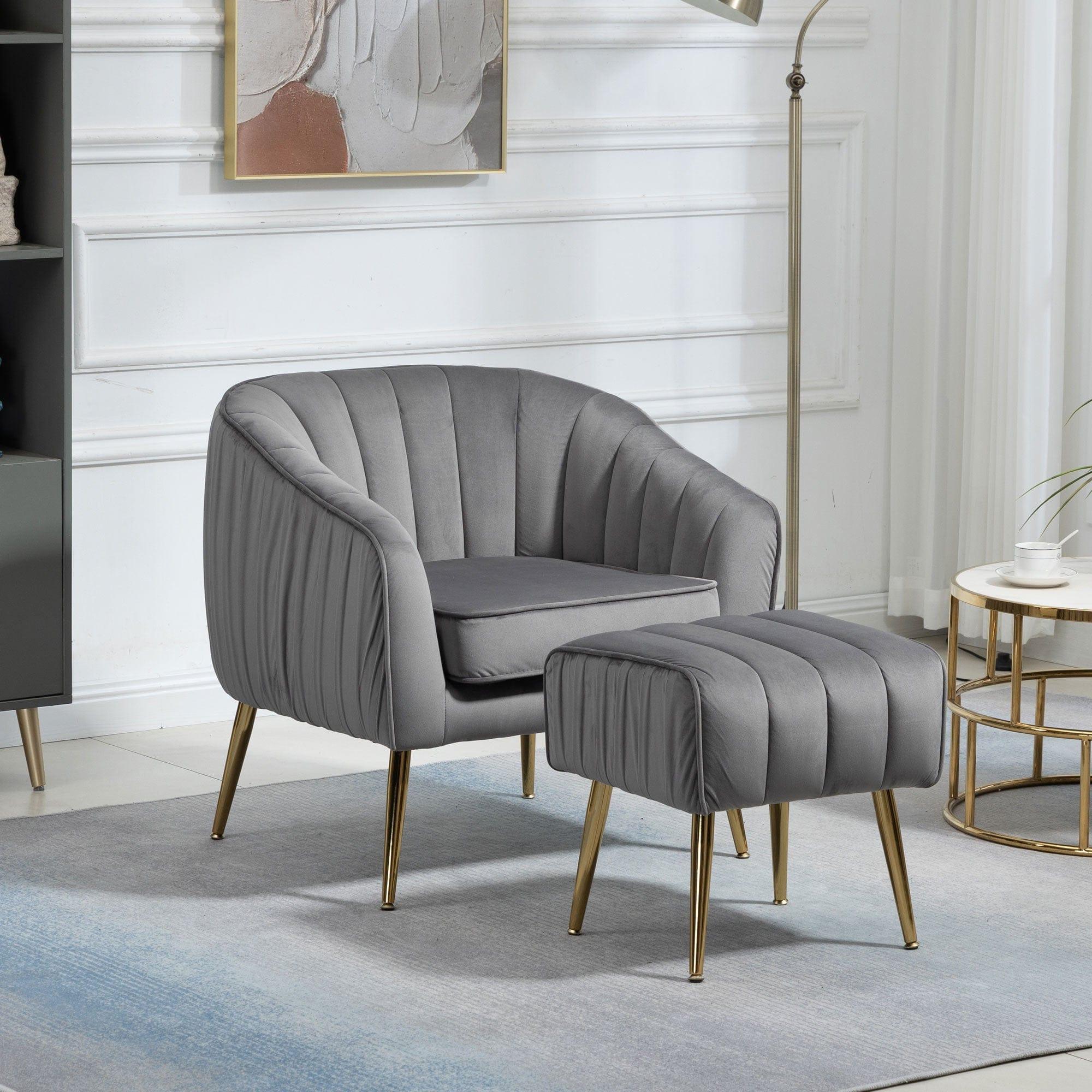 Shop Velvet Accent Chair with Ottoman, Modern Tufted Barrel Chair Ottoman Set for Living Room Bedroom, Golden Finished, Grey Mademoiselle Home Decor