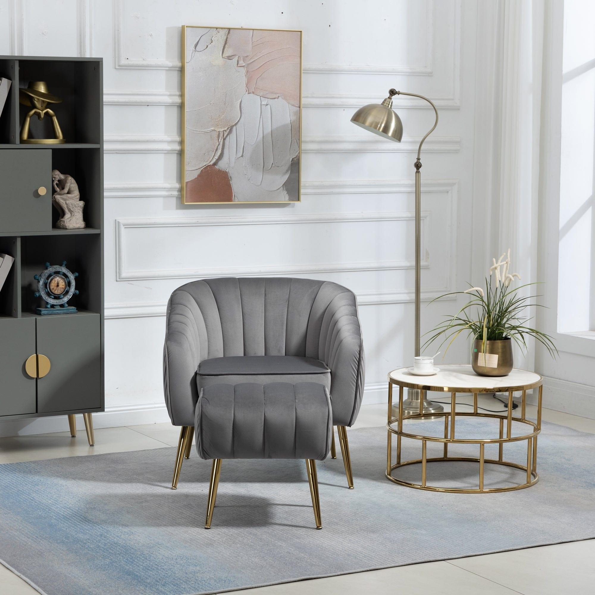 Shop Velvet Accent Chair with Ottoman, Modern Tufted Barrel Chair Ottoman Set for Living Room Bedroom, Golden Finished, Grey Mademoiselle Home Decor