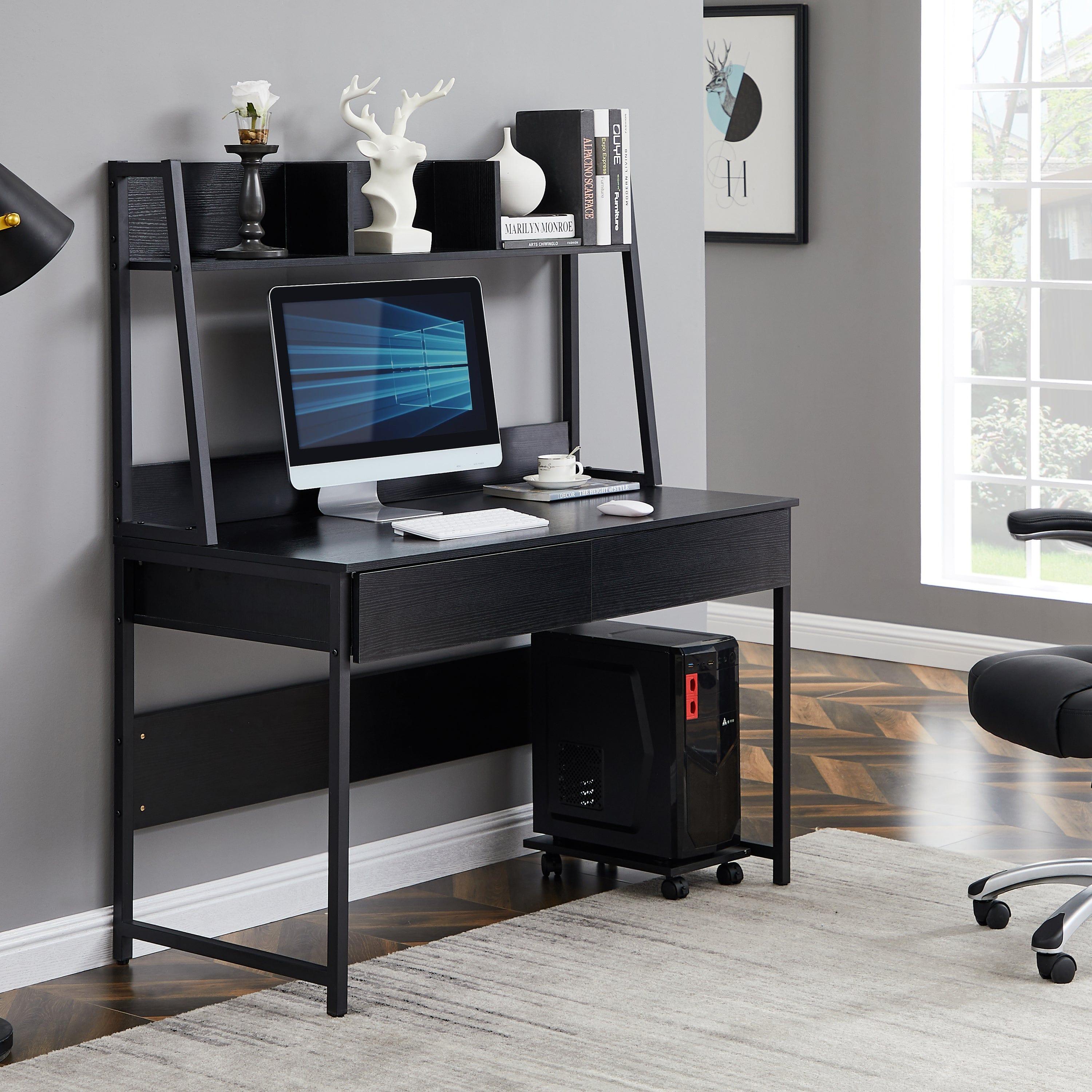 Shop Home office Computer Desk with Hutch/ Bookshelf, Desk with Space Saving Design（Black） Mademoiselle Home Decor
