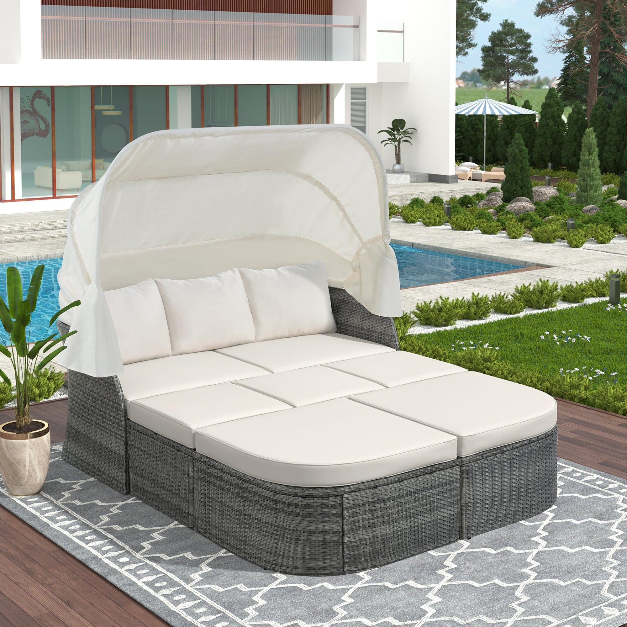 Shop U_STYLE Outdoor Patio Furniture Set Daybed Sunbed with Retractable Canopy Conversation Set Wicker Furniture Sofa Set Mademoiselle Home Decor