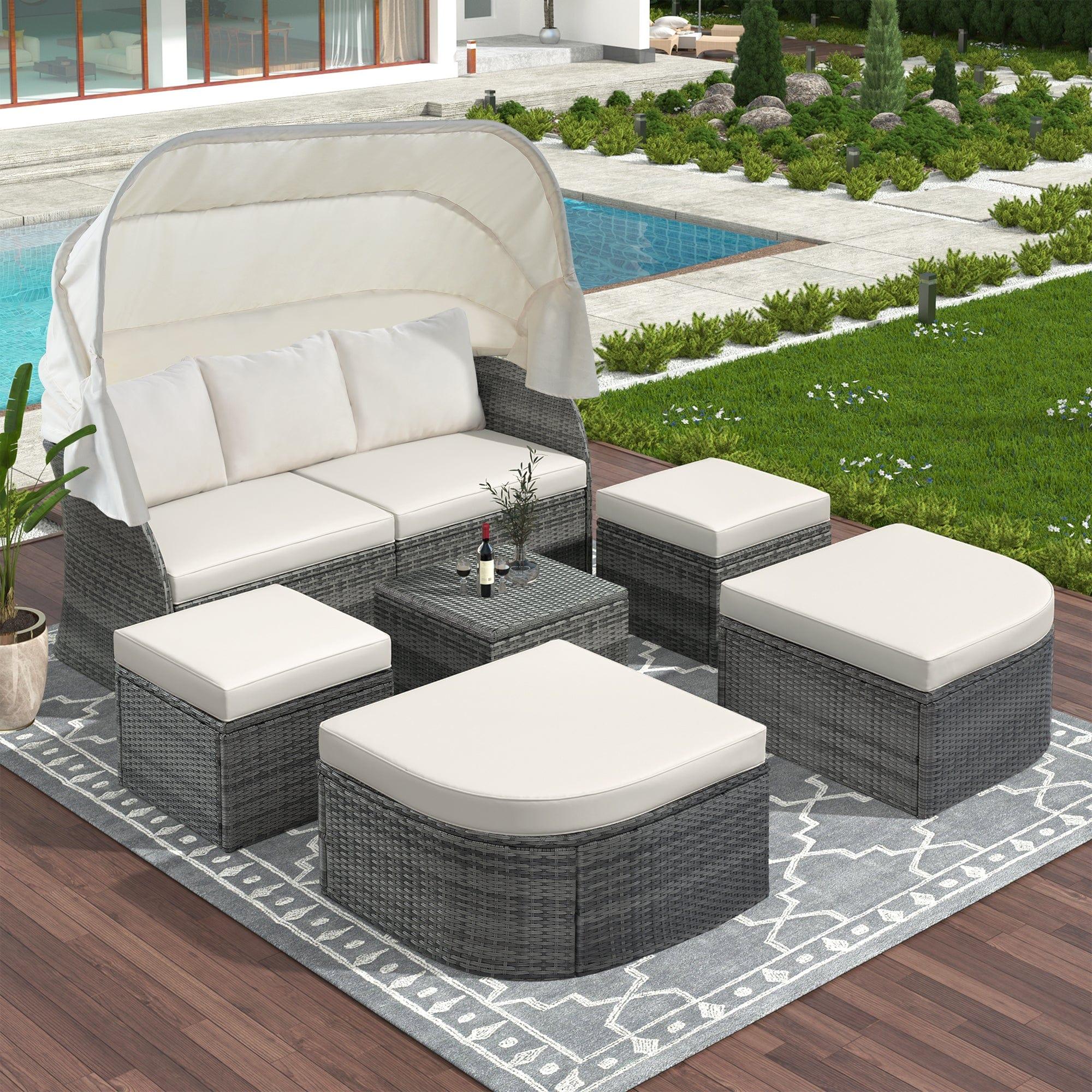 Shop U_STYLE Outdoor Patio Furniture Set Daybed Sunbed with Retractable Canopy Conversation Set Wicker Furniture Sofa Set Mademoiselle Home Decor