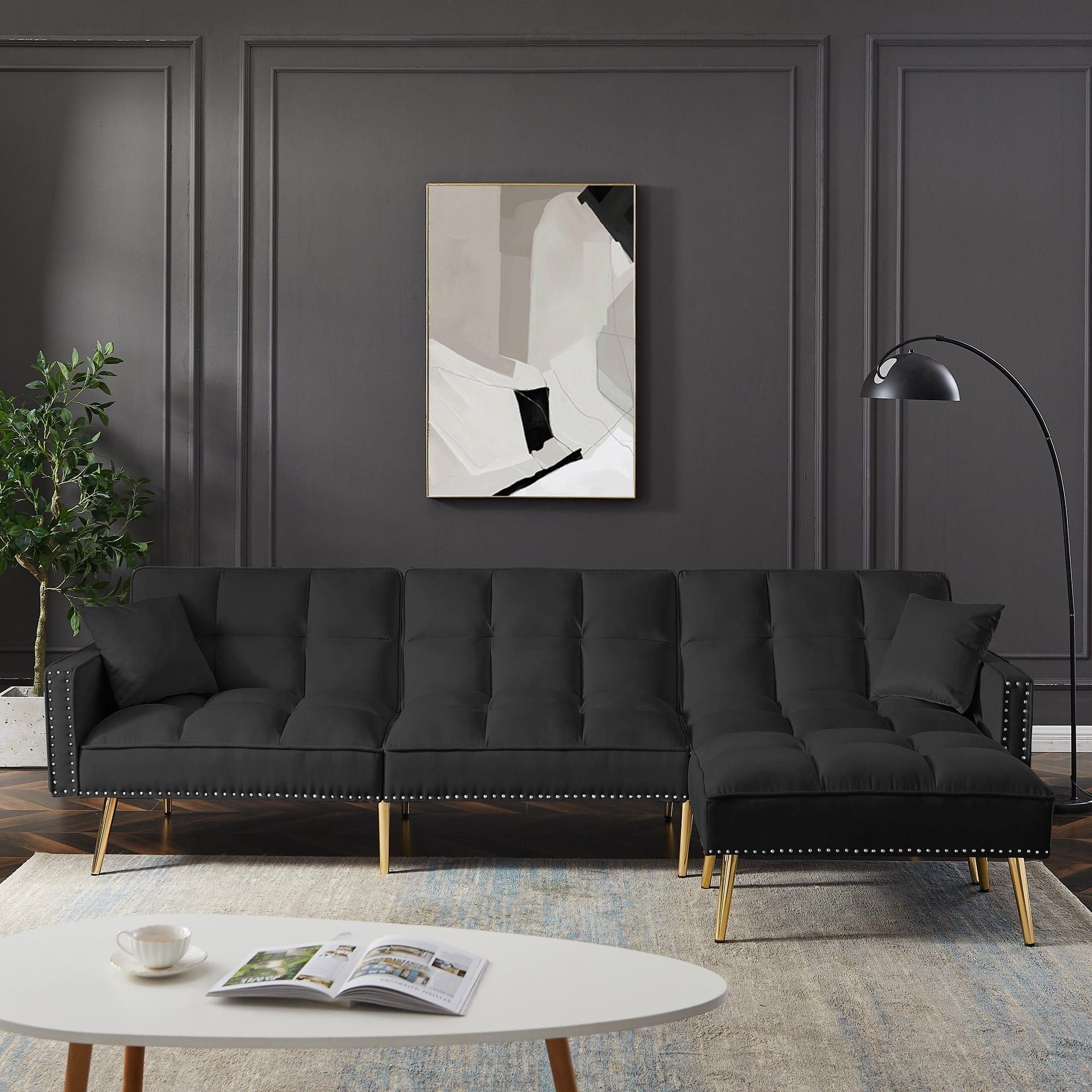 Shop BLACK Velvet Upholstered Reversible Sectional Sofa Bed Mademoiselle Home Decor